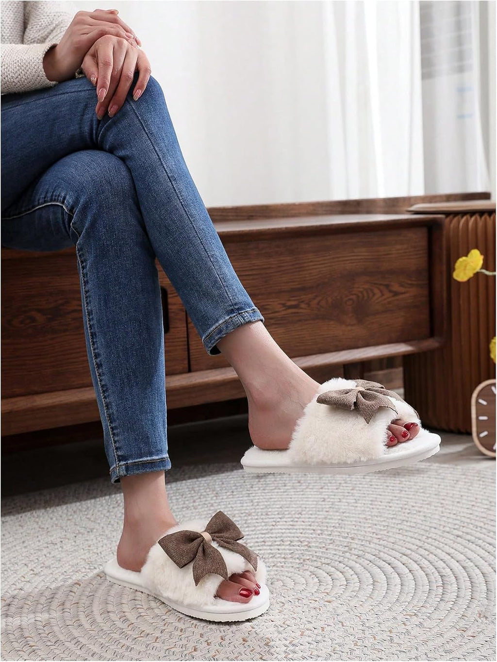 Women's Cute Bow Decor Fuzzy Open Toe Indoor Home Slippers Fashionable Warm Comfy Furry Outdoor Slippers