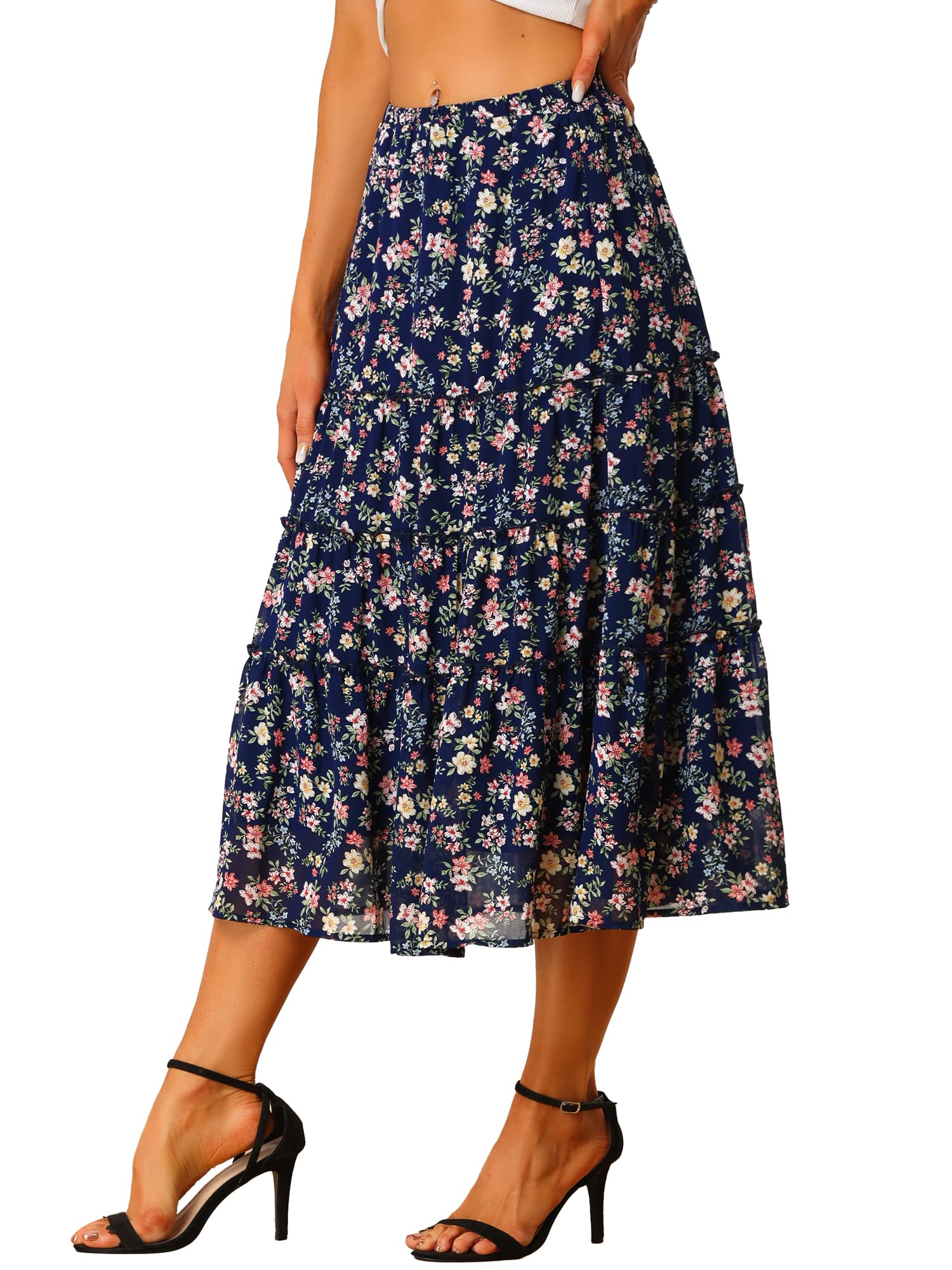 Women's Floral Skirt Chiffon A-line Long Tiered Ruffle Boho