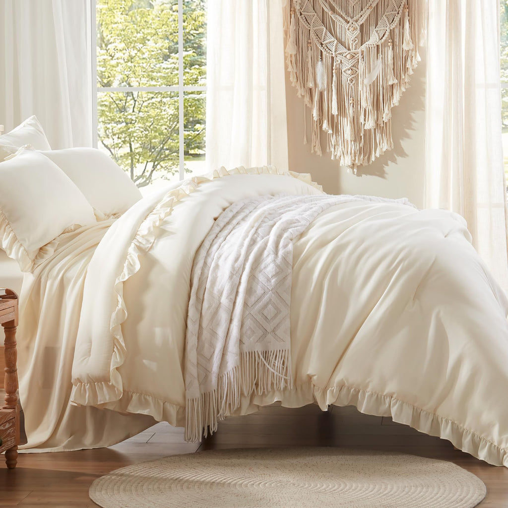 Comforter Set 7 Piece, Bed in a Bag with Sheets, All Season Ruffle Shabby Chic Bedding Sets with 1 Comforter, 2 Pillow Shams, 2 Pillowcases, 1 Flat Sheet, 1 Fitted Sheet