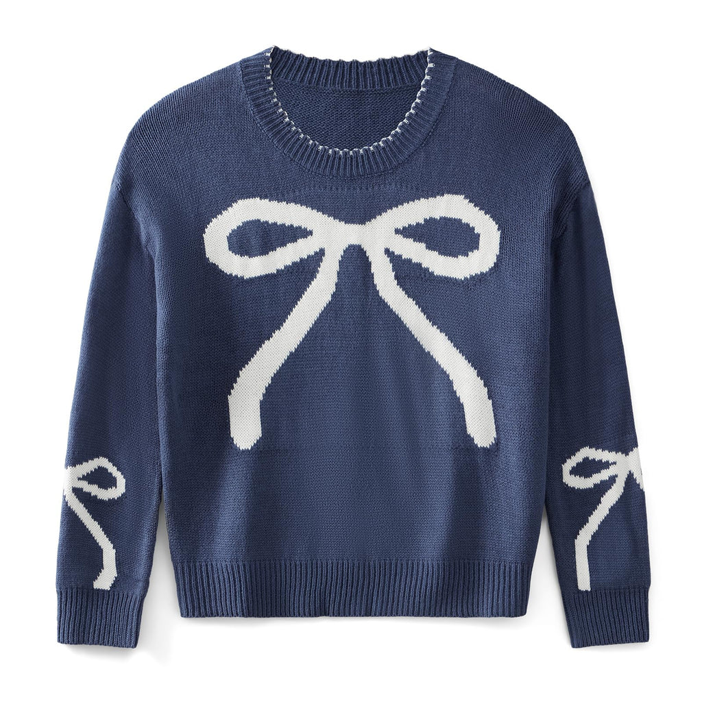 Women Oversized Y2K Fall Sweater Cute Bow Print Long Sleeve Cable Knit Pullover