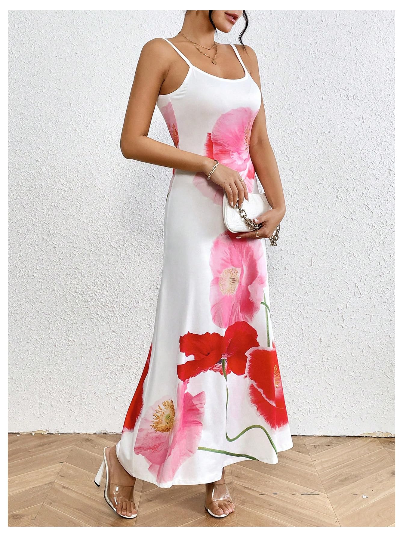Women's Floral Print Backless Maxi Dress Scoop Neck Sleeveless Spaghetti Strap Dresses