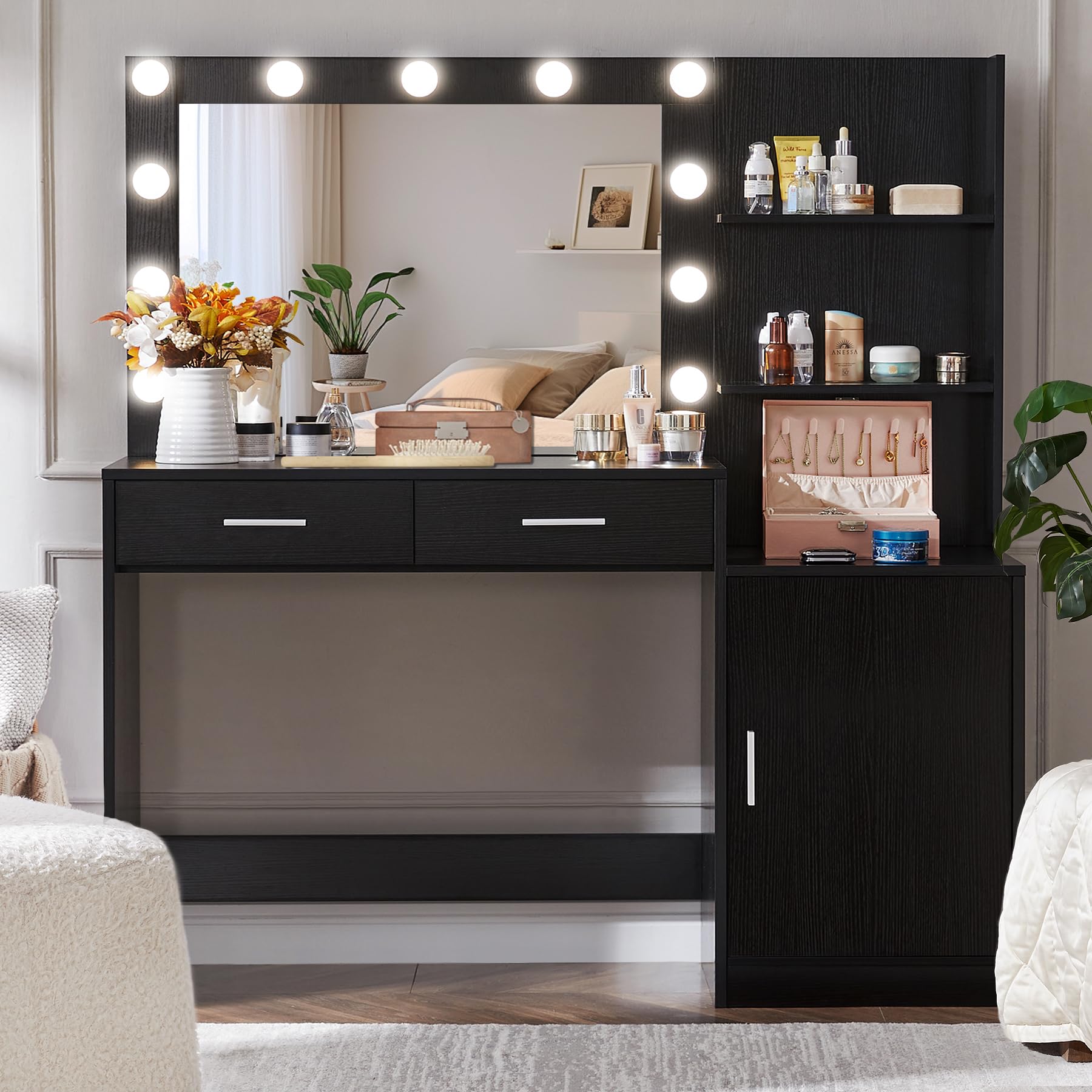 Vanity Desk with Mirror and LED Light Strip,Dressing Table with Large Drawer, 3 Level Storage Dresser & 3 Lighting Modes Adjustable Brightness
