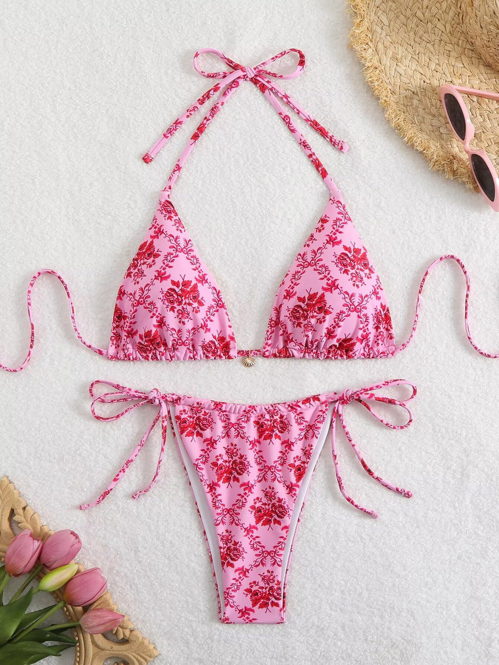 Women's Ditsy Floral Print Bathing Suit High Waisted Halter All Over Swimsuit Bikini Set