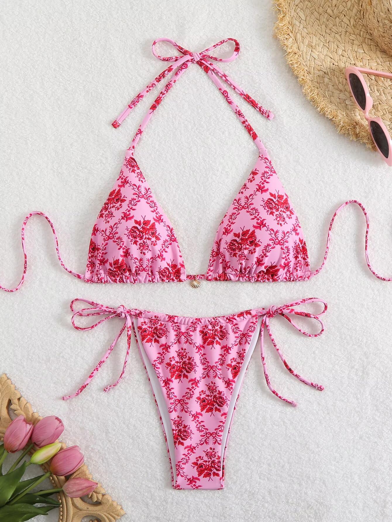 Women's Ditsy Floral Print Bathing Suit High Waisted Halter All Over Swimsuit Bikini Set