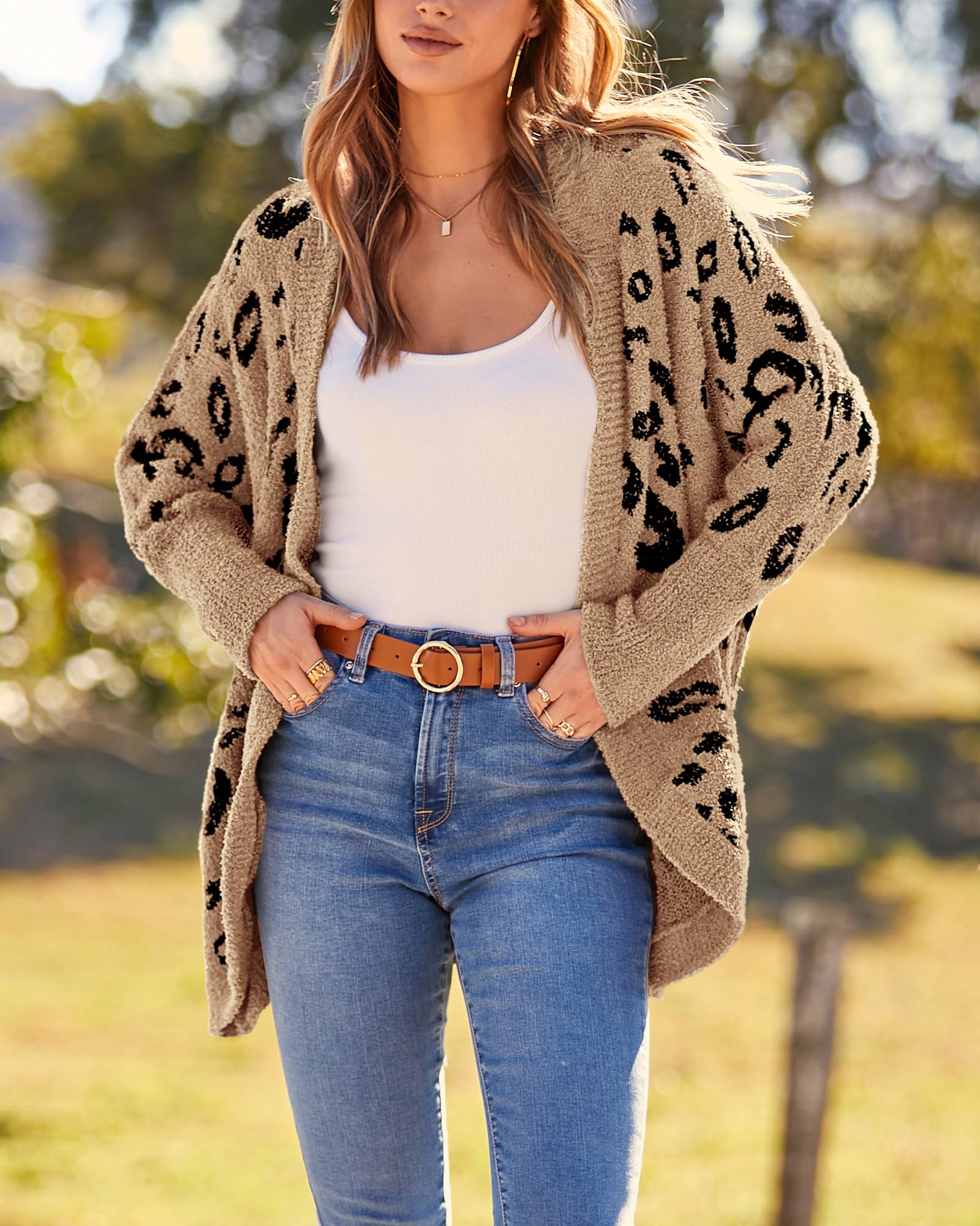 Women Fashion Leopard Print Long Sleeve Sweater Cardigan Loose Knit Open Front Fall Winter Outwear Coats