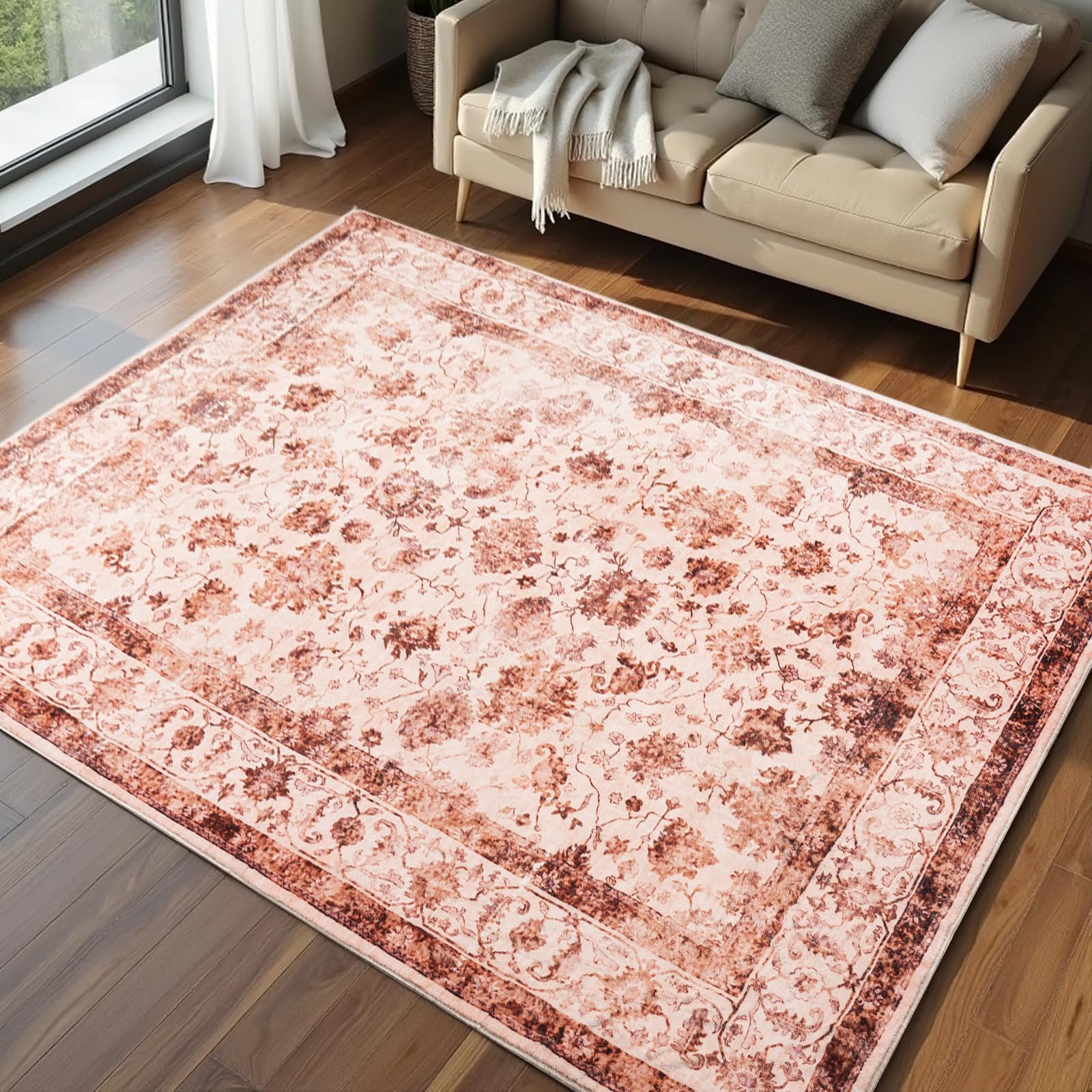 Washable Area Rugs Door Mat Entryway Vintage Floral Non-Slip Low Pile Entrance Thin Rug Carpet for Kitchen Bathroom Living Room Pink