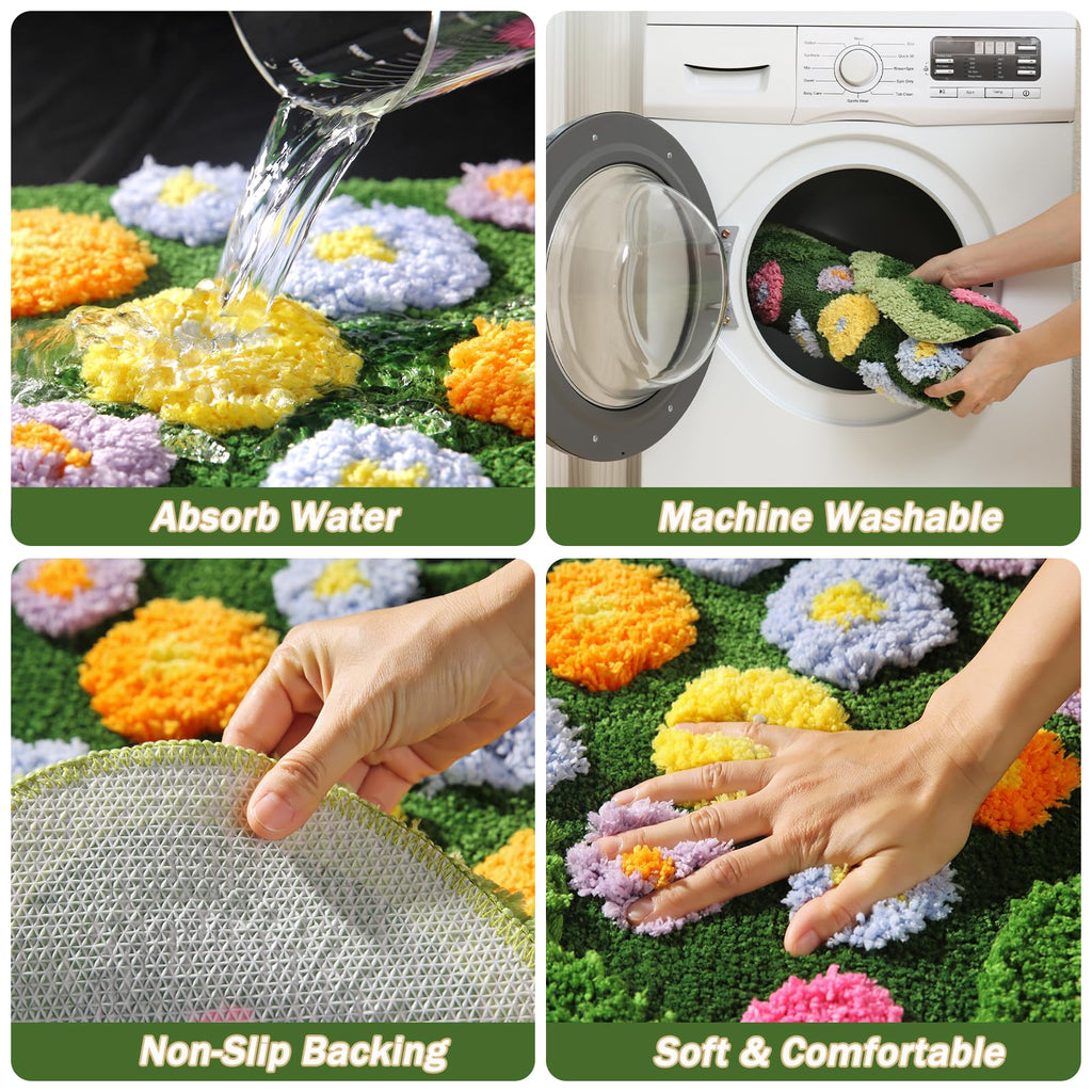 Moss Green Toilet Rugs, Luxury Tufted Extra Thick U-Shaped Toilet Rug,Cute Flower Green Moss Bath Mat Non Slip - Washable Water Absorbent Shag Bathroom Rugs for Bath