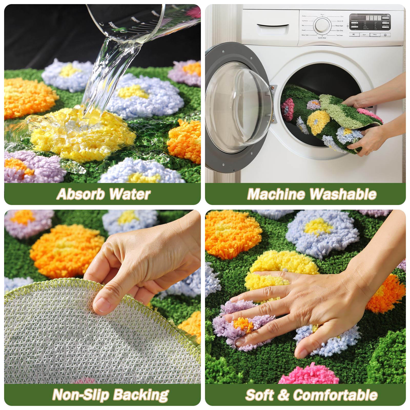 Moss Green Toilet Rugs, Luxury Tufted Extra Thick U-Shaped Toilet Rug,Cute Flower Green Moss Bath Mat Non Slip - Washable Water Absorbent Shag Bathroom Rugs for Bath