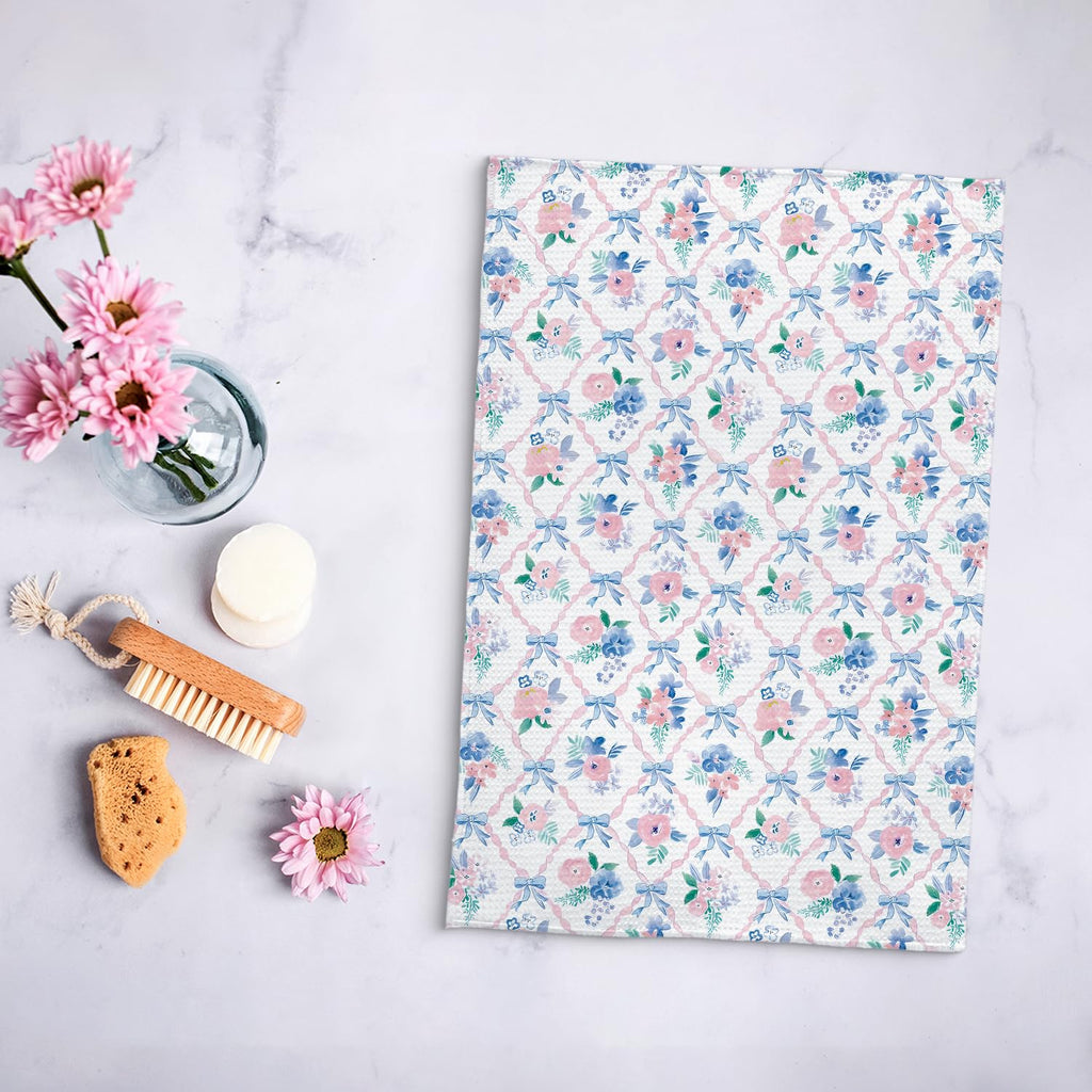 Coquette Bow Floral Kitchen Towel, Grandmillennial Pink Rose Flower Gingham Hand Towel for Bathroom, Pink and White Checkered Dish Tea Towel, 16x24 Inch