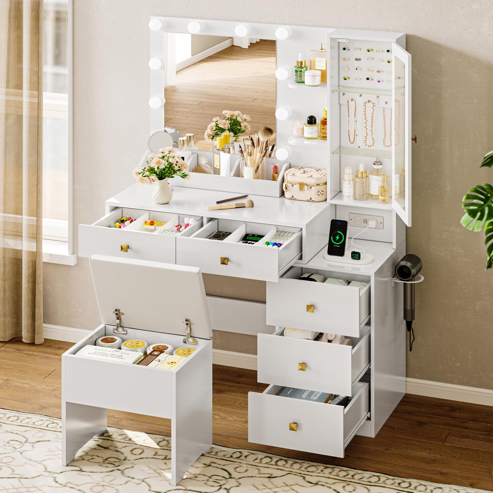 Vanity Desk with Mirror and Lights, Pink Makeup Vanity with 5 Drawers Hidden Jewelry Organizer& LED Glass Cabinet, 3 Lights Mode and Brightness Adjusted,Vanity Mirror with Lights Desk and Chair