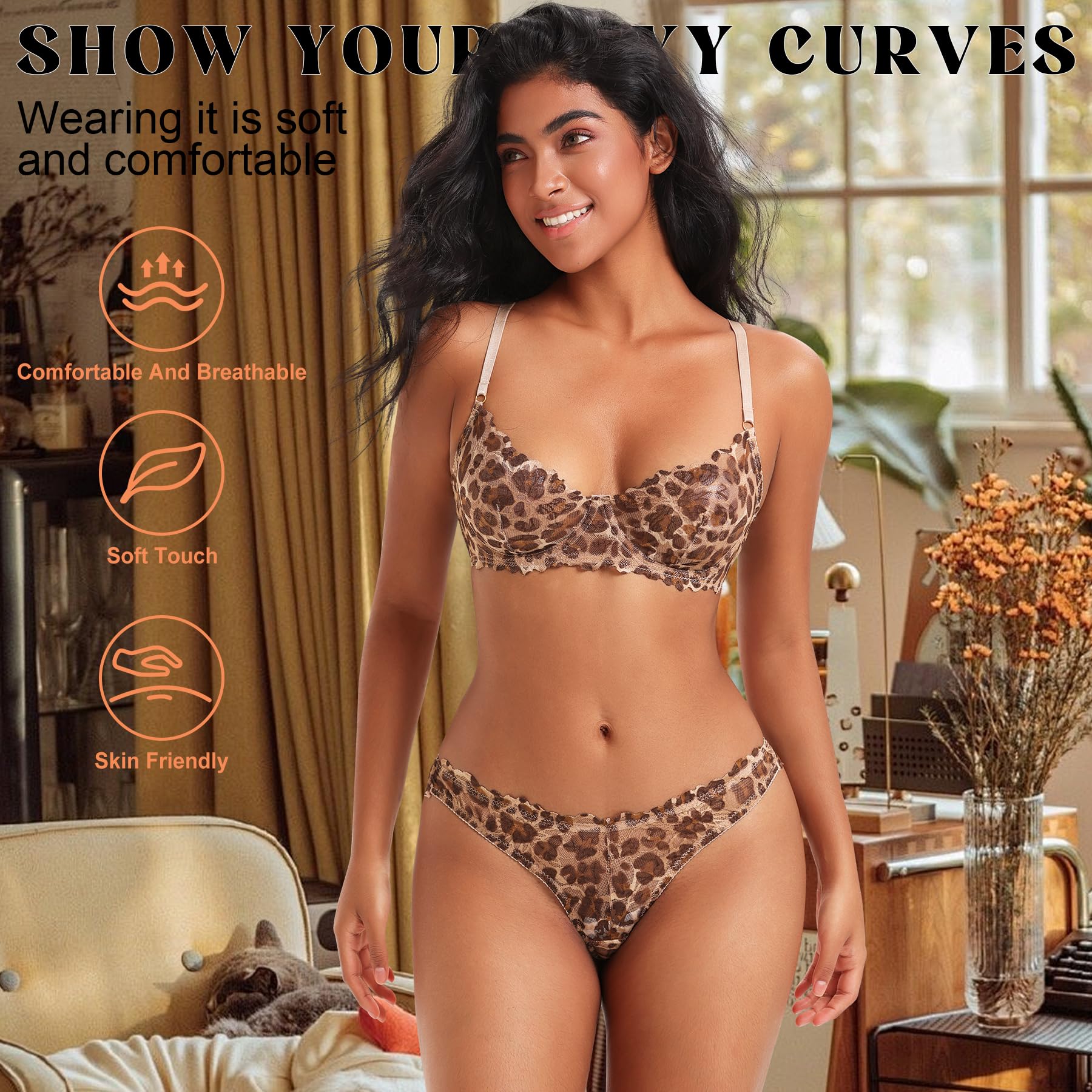 Sheer Lingerie Set for Women Leopard Print Underwire Lace Push Up Bar Matching Bra and Panty Set