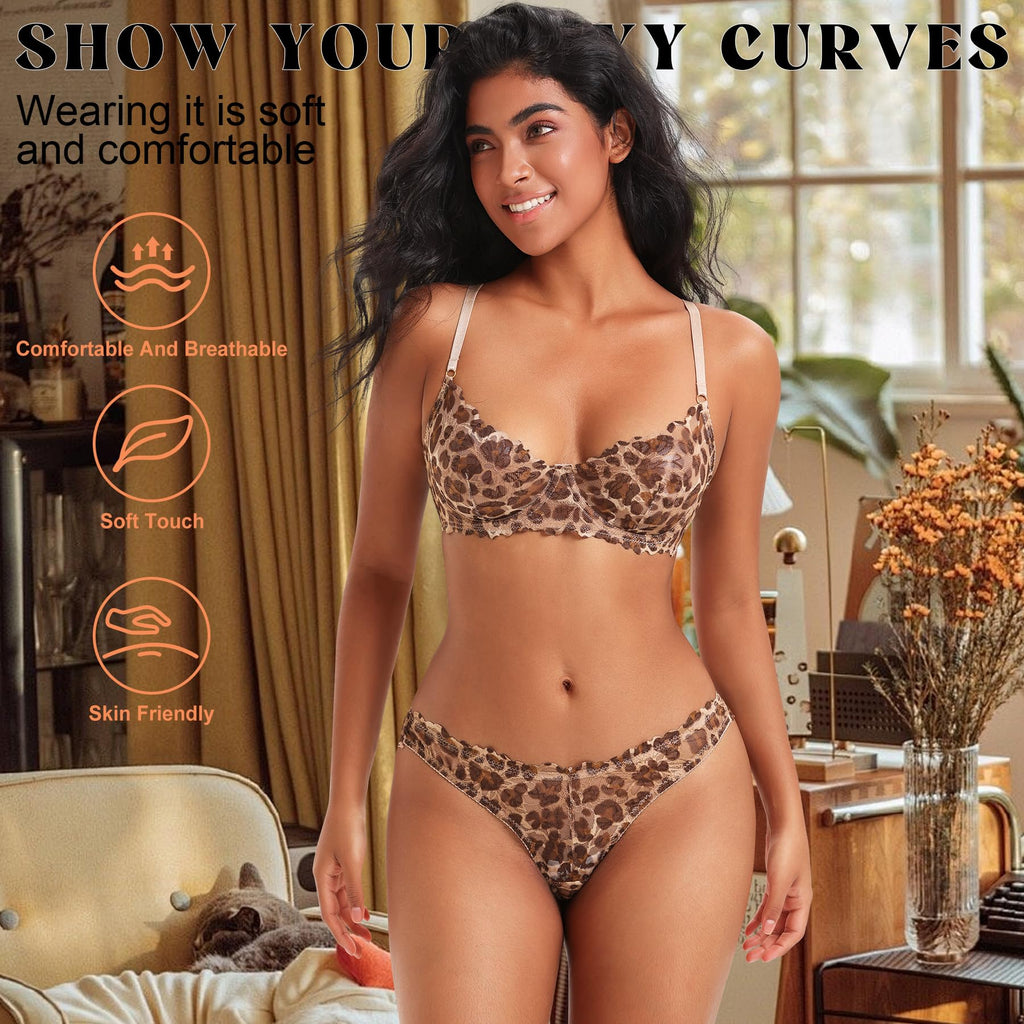 Sheer Lingerie Set for Women Leopard Print Underwire Lace Push Up Bar Matching Bra and Panty Set