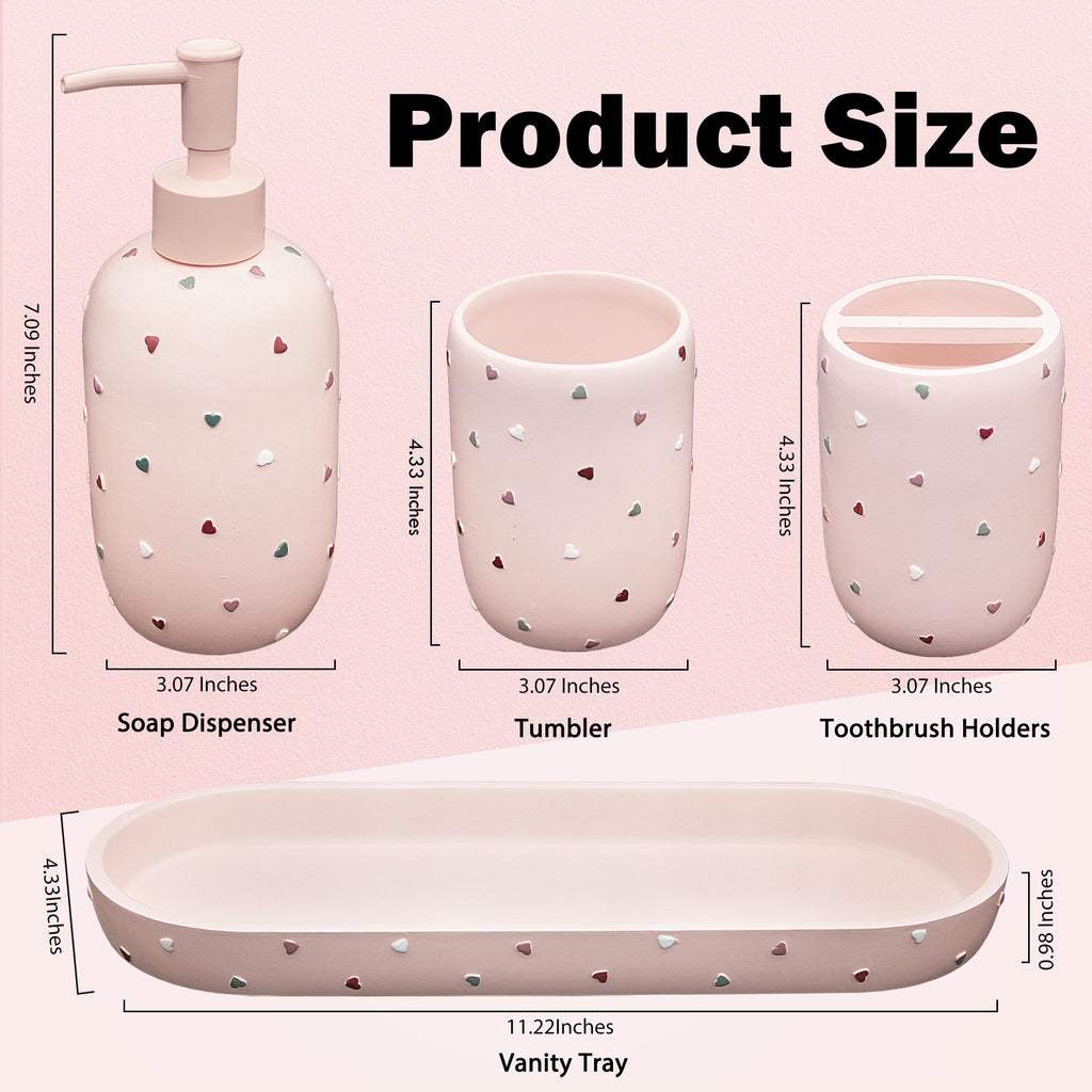Premium Bathroom Accessories Sets 4-Piece, Pastel Heart Bathroom Accessory Complete Set - Toothbrush Holder, Lotion Soap Dispenser, Vanity Tray, Bathroom Tumbler for Countertop Vanity