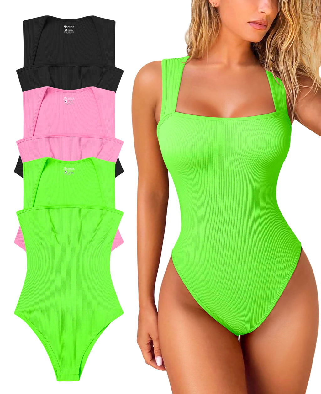 Women's 3 Piece Bodysuits Sexy Ribbed Strappy Square Neck Sleeveless Tummy Control Tank Tops Bodysuits