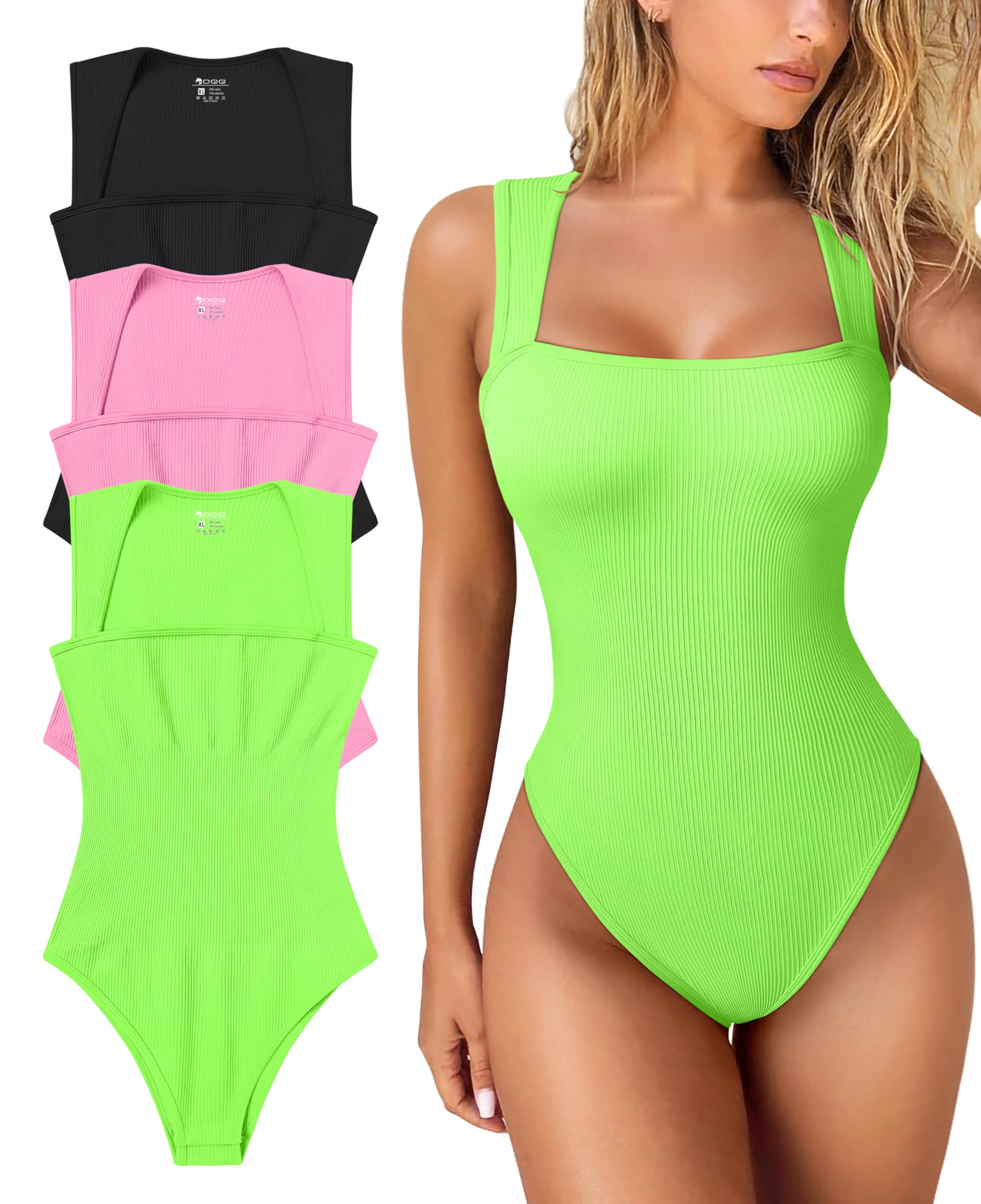 Women's 3 Piece Bodysuits Sexy Ribbed Strappy Square Neck Sleeveless Tummy Control Tank Tops Bodysuits