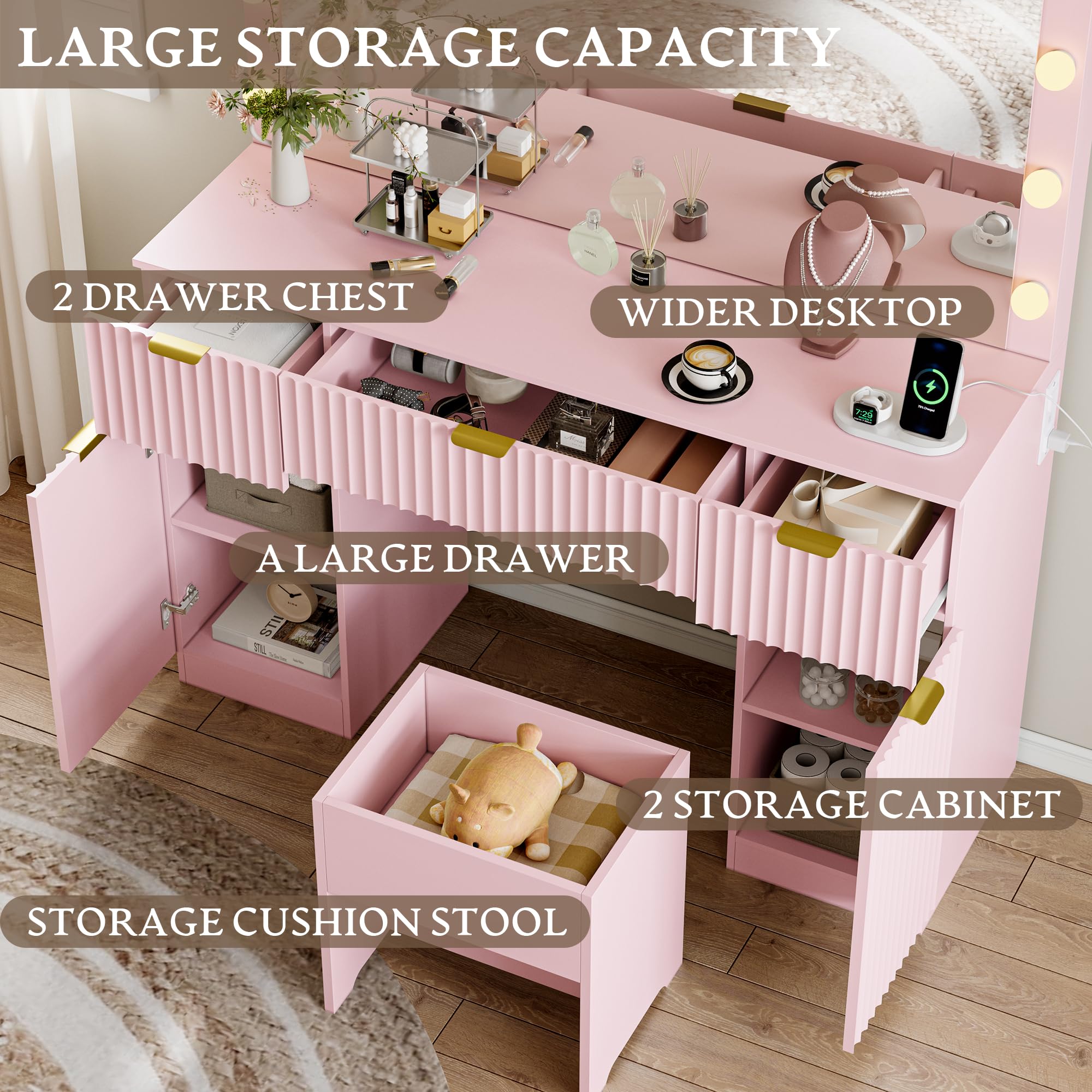 Makeup Vanity Desk with Mirror, Fluted Panel, Large LED Mirror, 3 Lighting Modes & Adjustable Brightness, Charging Station, Dressing Table with Stool