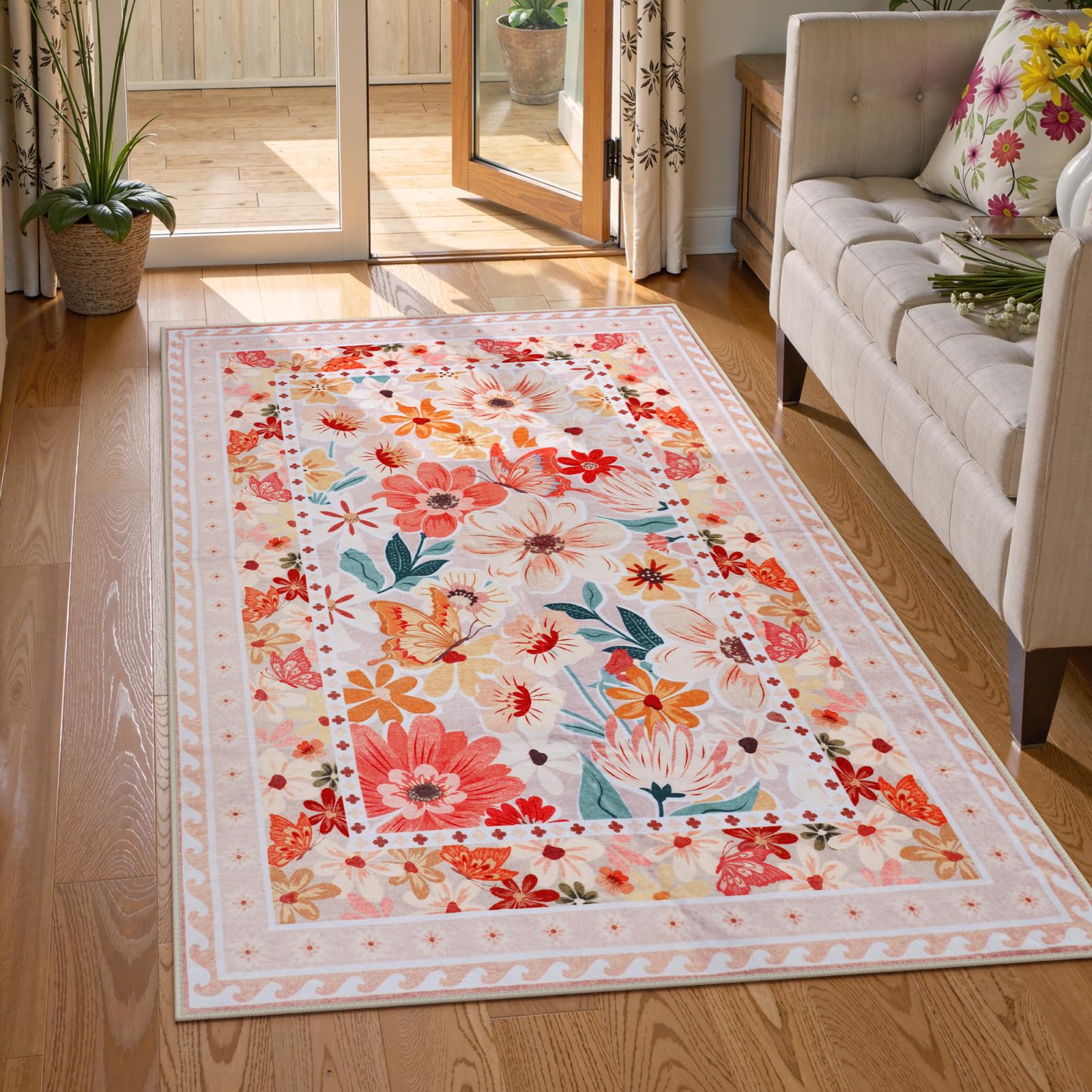 Floral Hallway Runner Rug, Runner Rugs Non Skid Washable, Low Pile Soft Boho Rugs