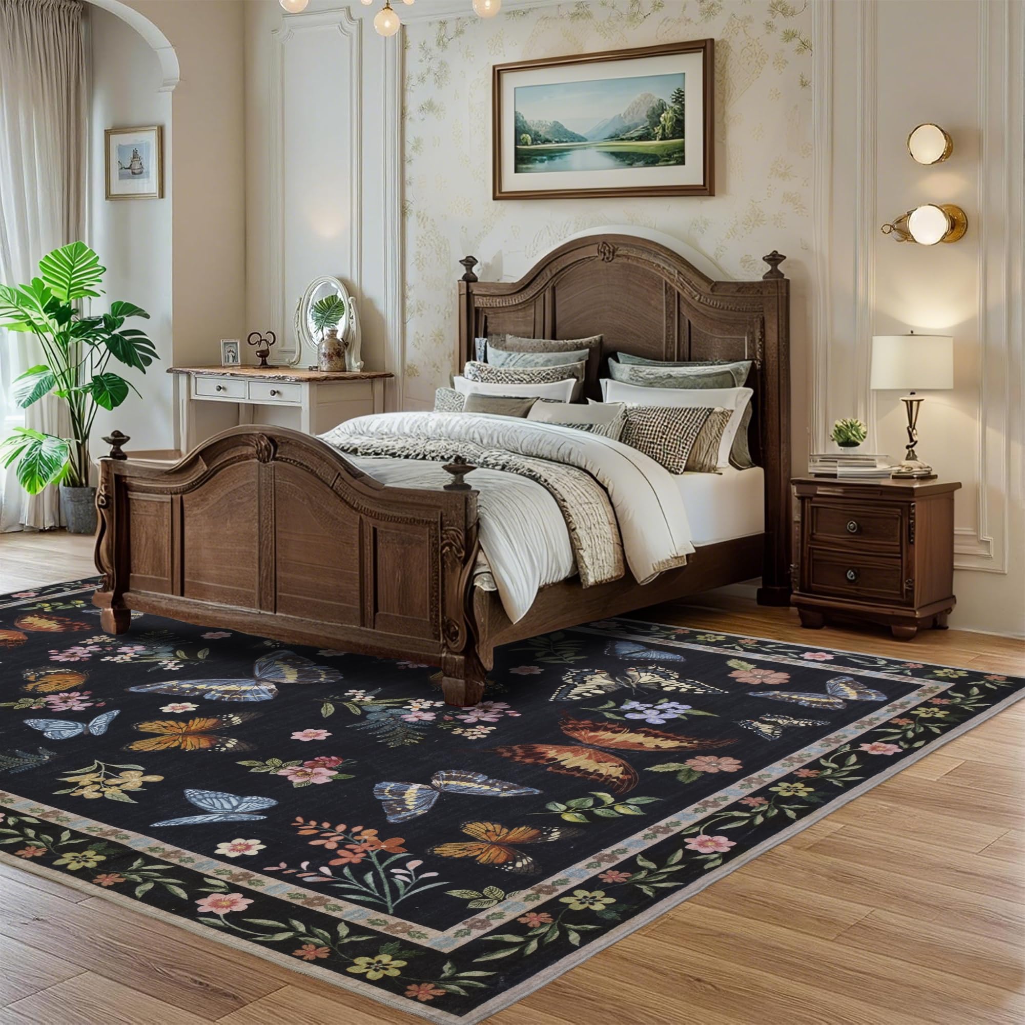 Insect Floral Area Rug, Machine Washable Area Rug Non-Slip Low Pile Large Bedroom Rug Stain Resistant Throw Rug Carpet
