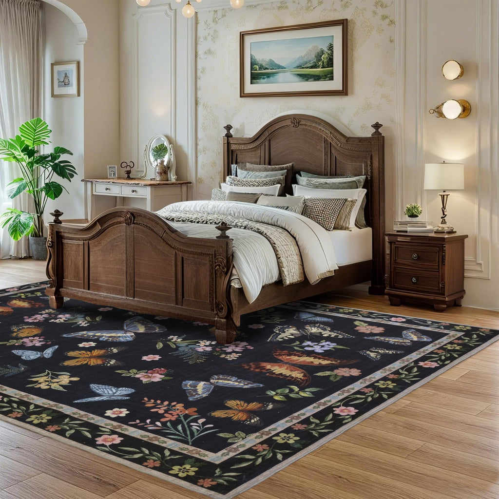 Insect Floral Area Rug, Machine Washable Area Rug Non-Slip Low Pile Large Bedroom Rug Stain Resistant Throw Rug Carpet