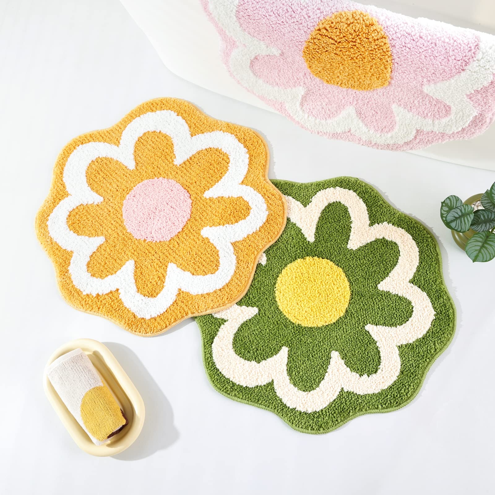 Cute Flower Bath Mat, Machine Washable Bath Rug, Ultra Soft and Fluffy Bathroom Mat, Small Round Non-Slip Water Absorbent Bath Mats for Bathroom Floor, Shower Room and Bathtub