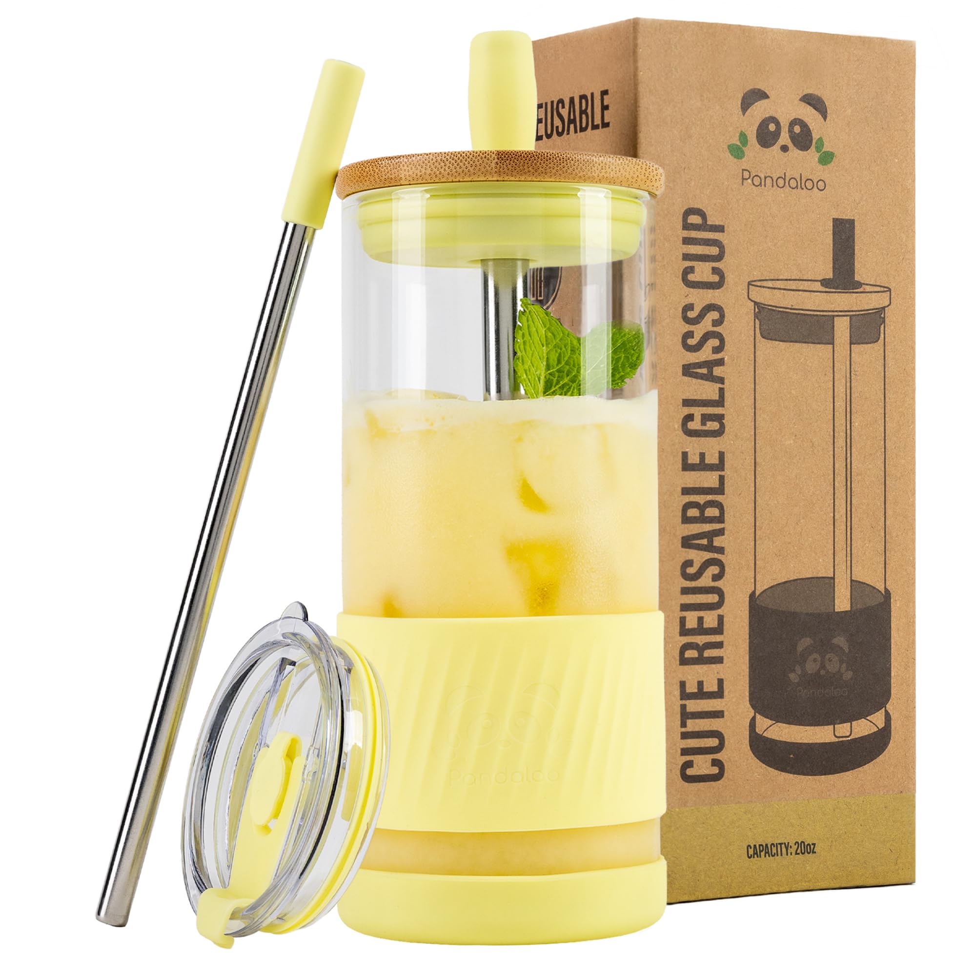 Pandaloo® Glass Cups With Lids and Straws -20 Fl Oz- Perfect Size Iced Coffee Cup - Smoothie Cup With Bamboo Lid and On the go Lid - Glass Tumbler With Straw
