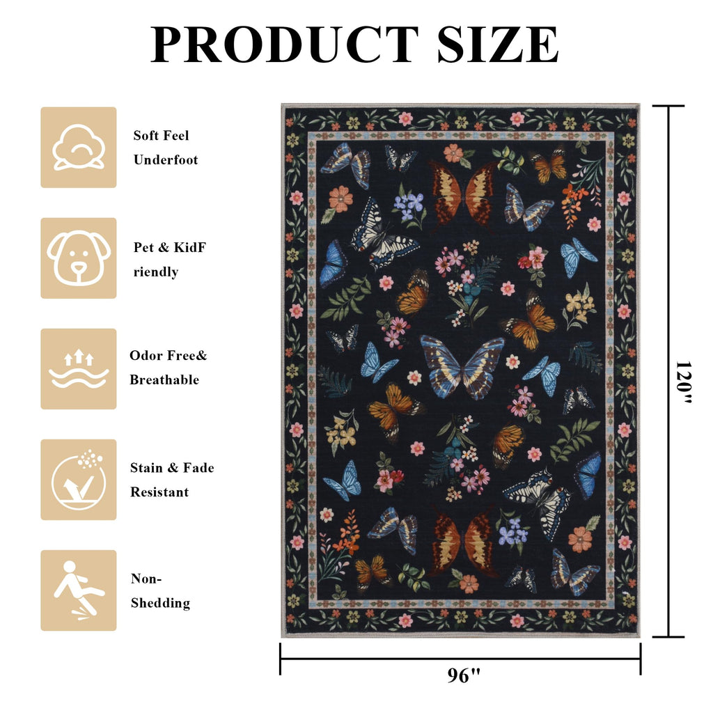 Insect Floral Area Rug, Machine Washable Area Rug Non-Slip Low Pile Large Bedroom Rug Stain Resistant Throw Rug Carpet