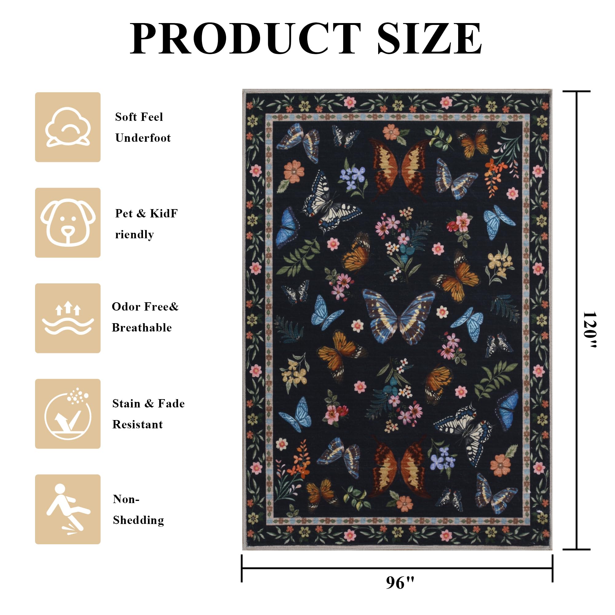 Insect Floral Area Rug, Machine Washable Area Rug Non-Slip Low Pile Large Bedroom Rug Stain Resistant Throw Rug Carpet