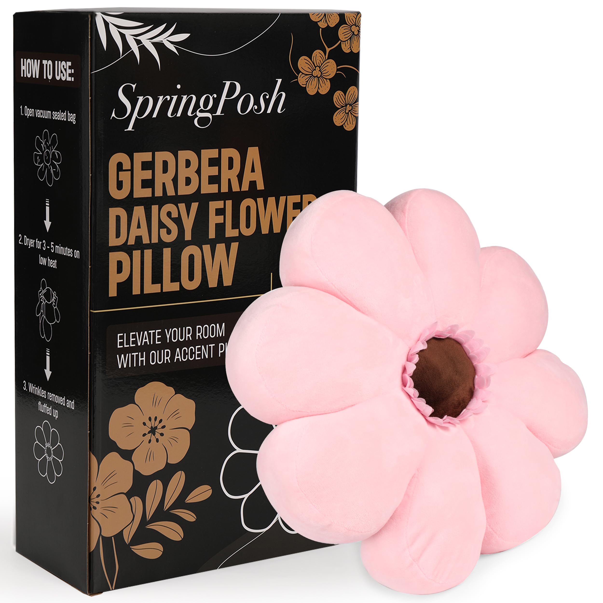 Gerbera Daisy Cute Preppy Flower 17-inch Pillow, Ultra Soft Hand-Stitched Premium Plush Fabric, Decorative Accent Throw Pillow, (Sunset Pink)