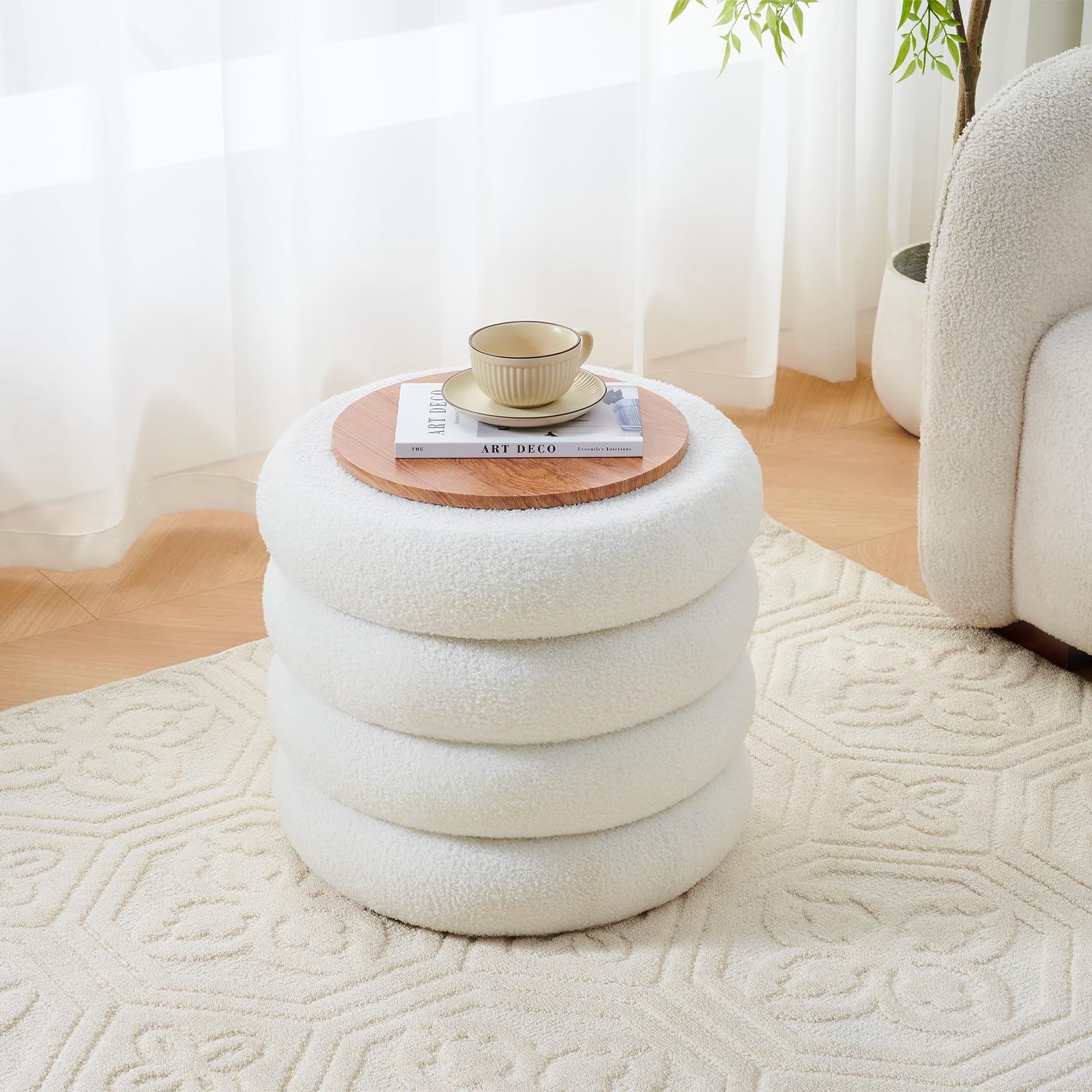 Round Storage Ottoman, Modern Sherpa Footstool with Flip-Top