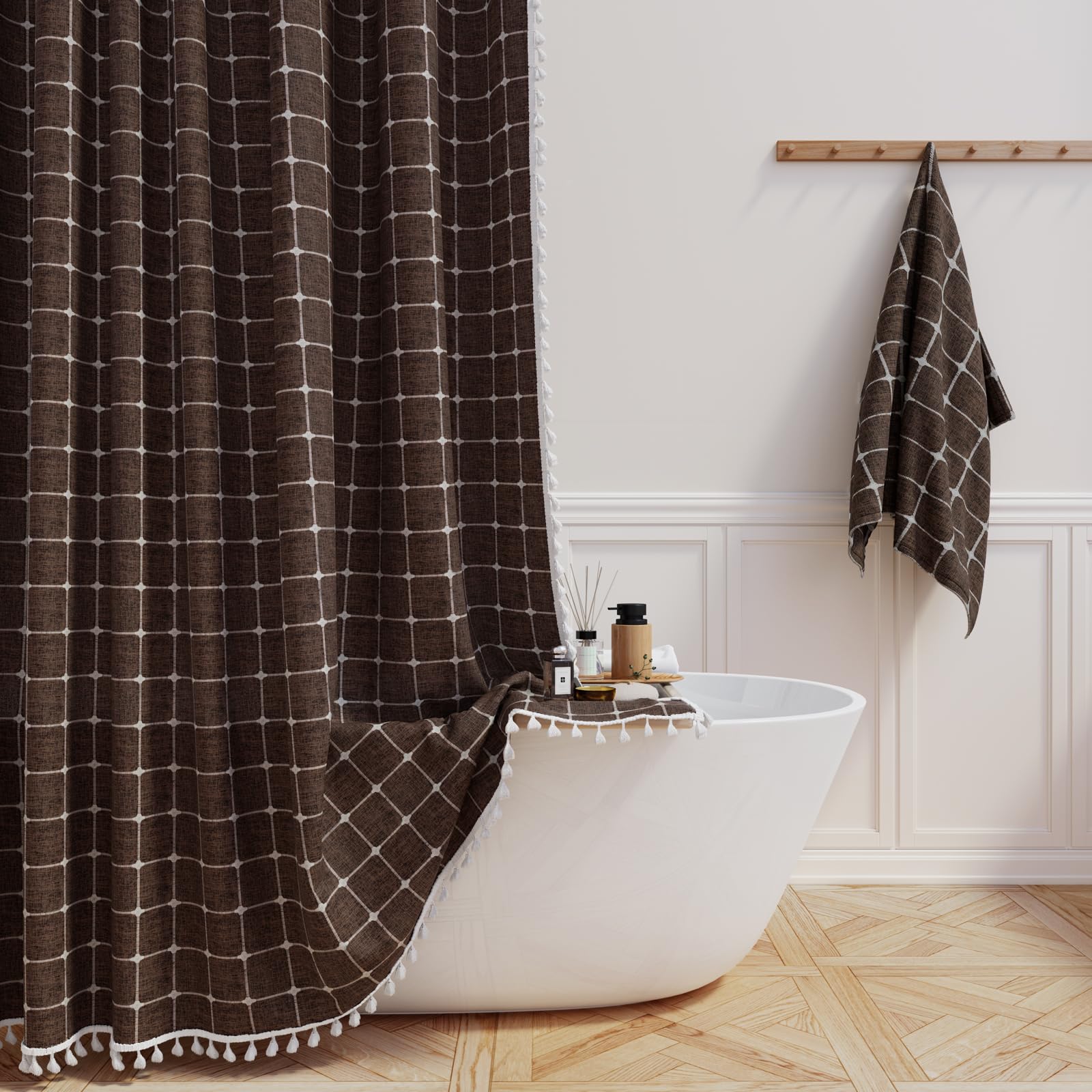 Vintage Boho Shower Curtain - Linen Rustic Heavy Duty Fabric with Tassel, Water Repellent