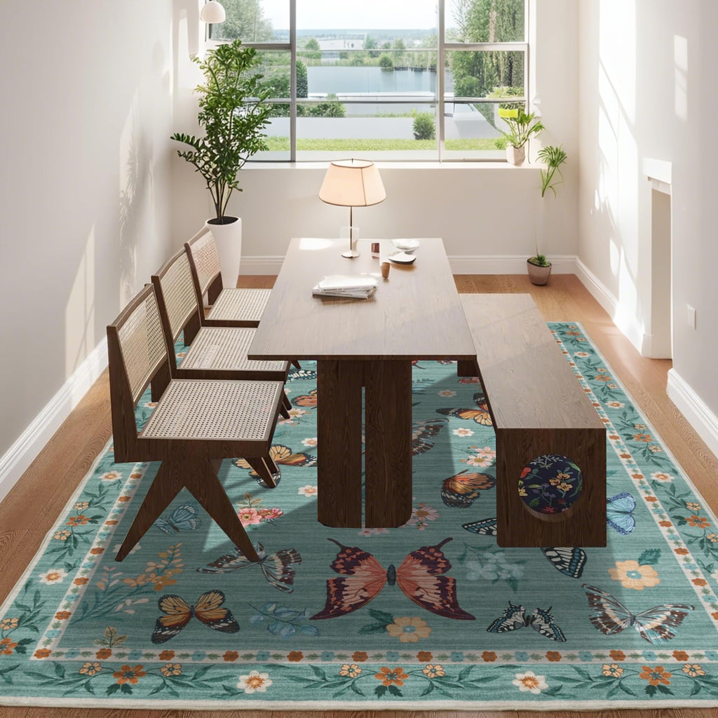 Insect Floral Area Rug, Machine Washable Area Rug Non-Slip Low Pile Large Bedroom Rug Stain Resistant Throw Rug Carpet