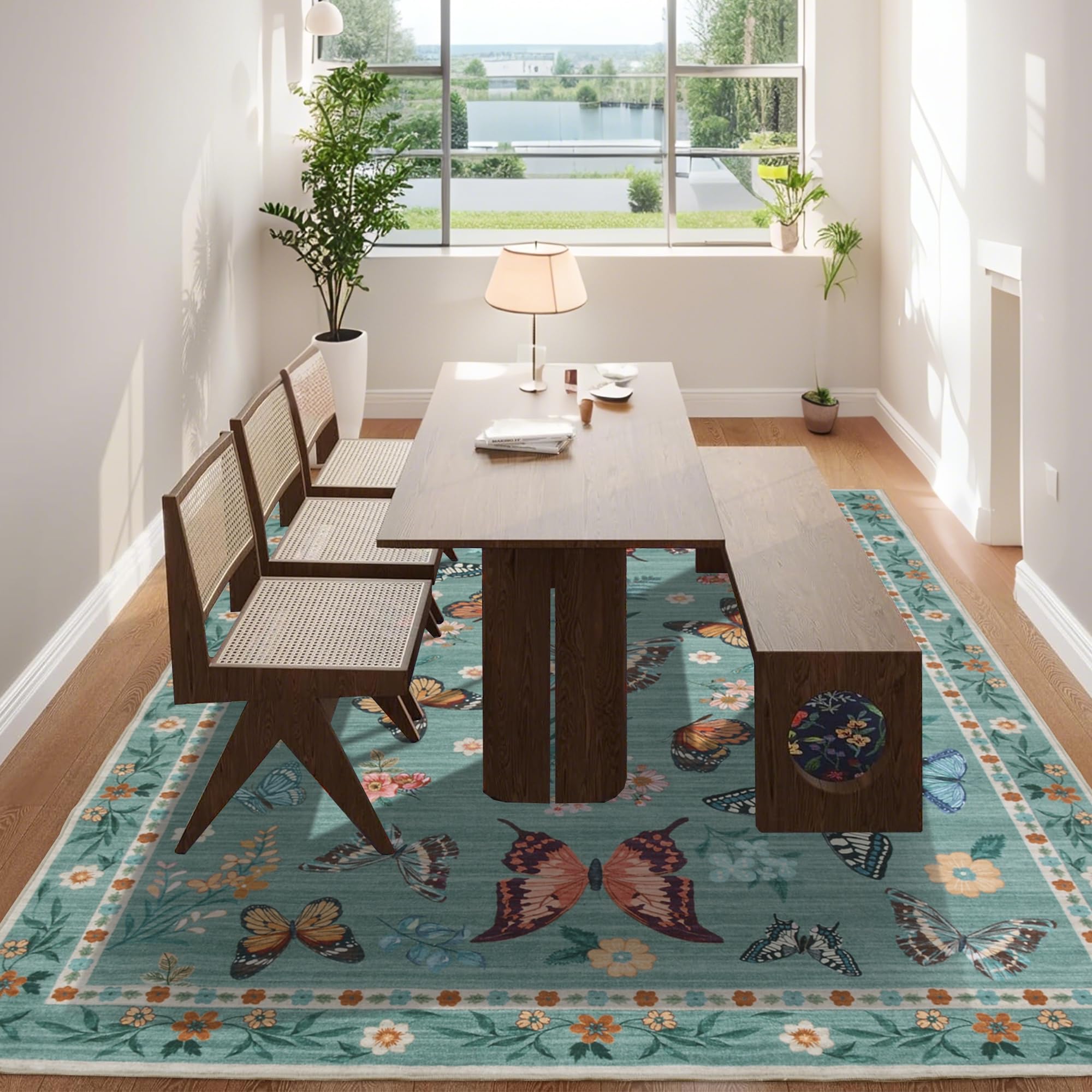 Insect Floral Area Rug, Machine Washable Area Rug Non-Slip Low Pile Large Bedroom Rug Stain Resistant Throw Rug Carpet