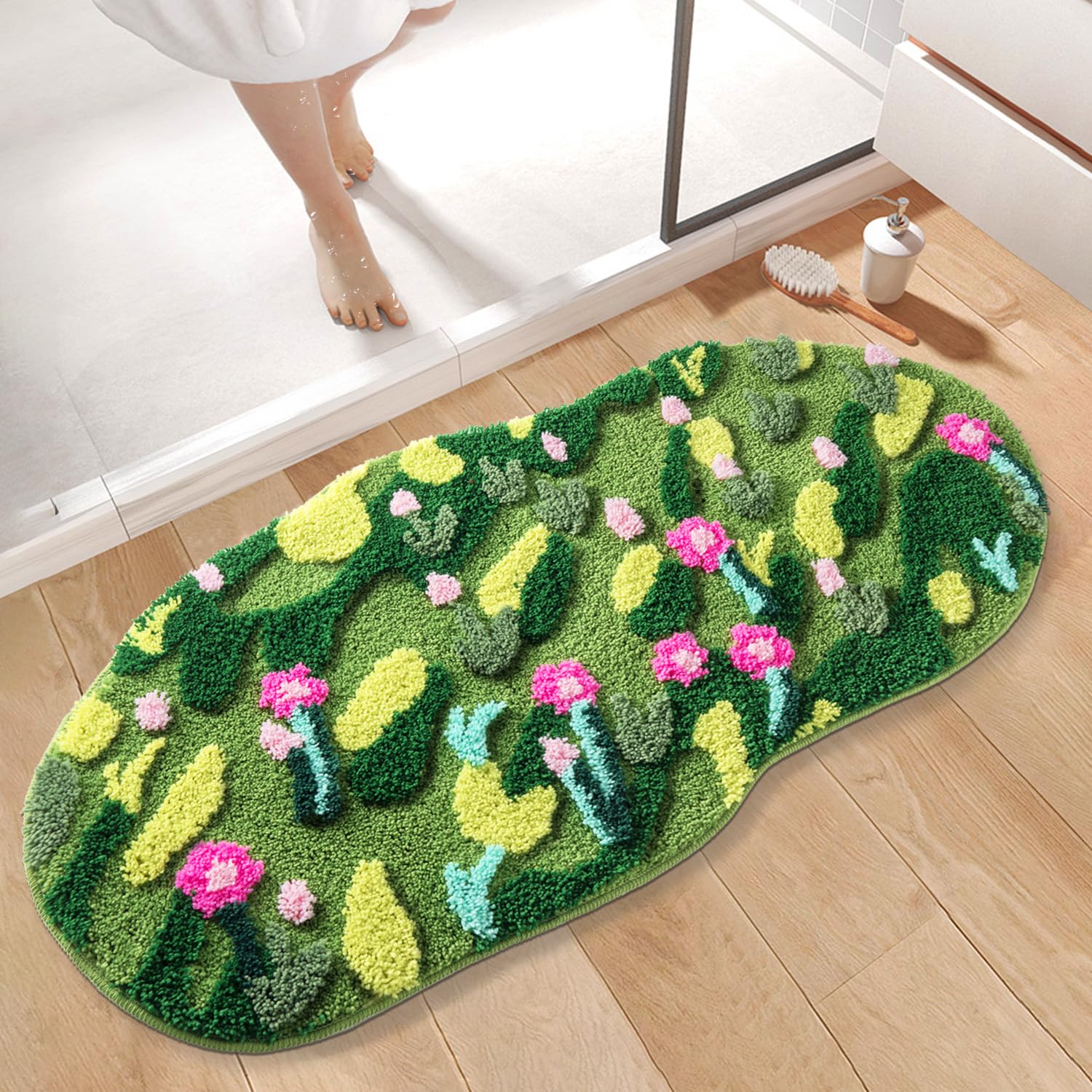 Green Moss Bathroom Rugs Bath Mat Non Slip, Ultra Soft Absorbent Aesthetic Decor Shaggy Tufted Flower Long Bath Rugs