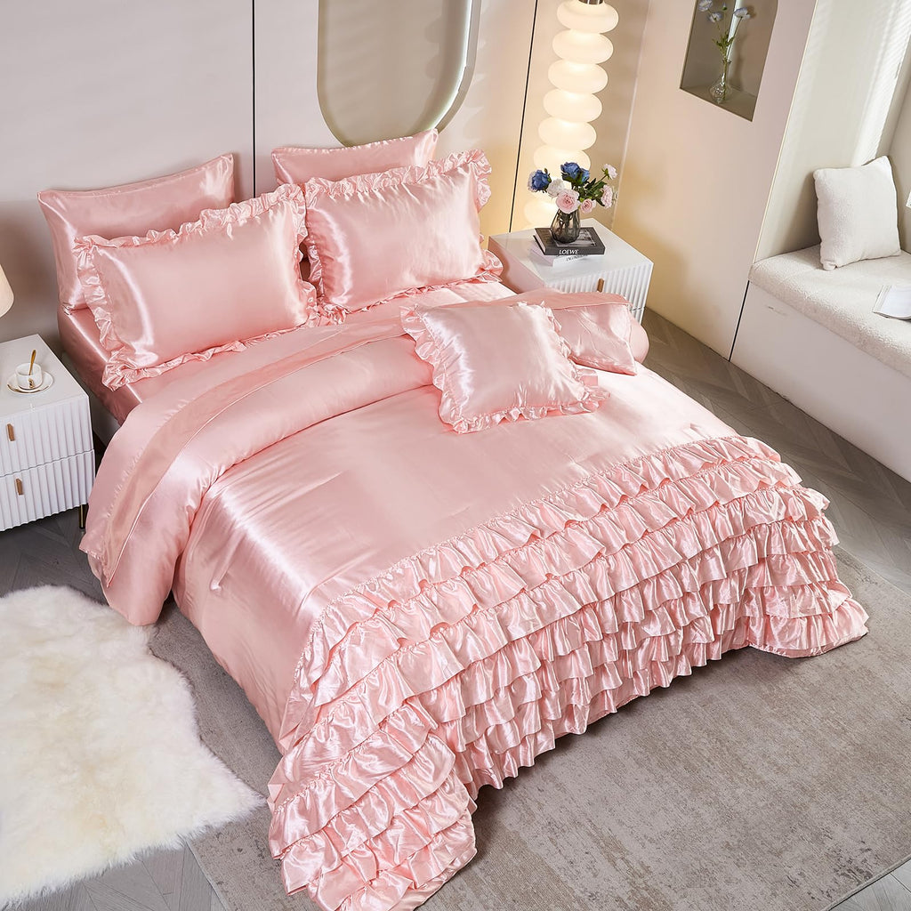 Ruffle Comforter Set 8 Pieces Satin Comforter Set with Sheet Set - Waterfall Ruffle Design Luxurious Silky Comforter Set