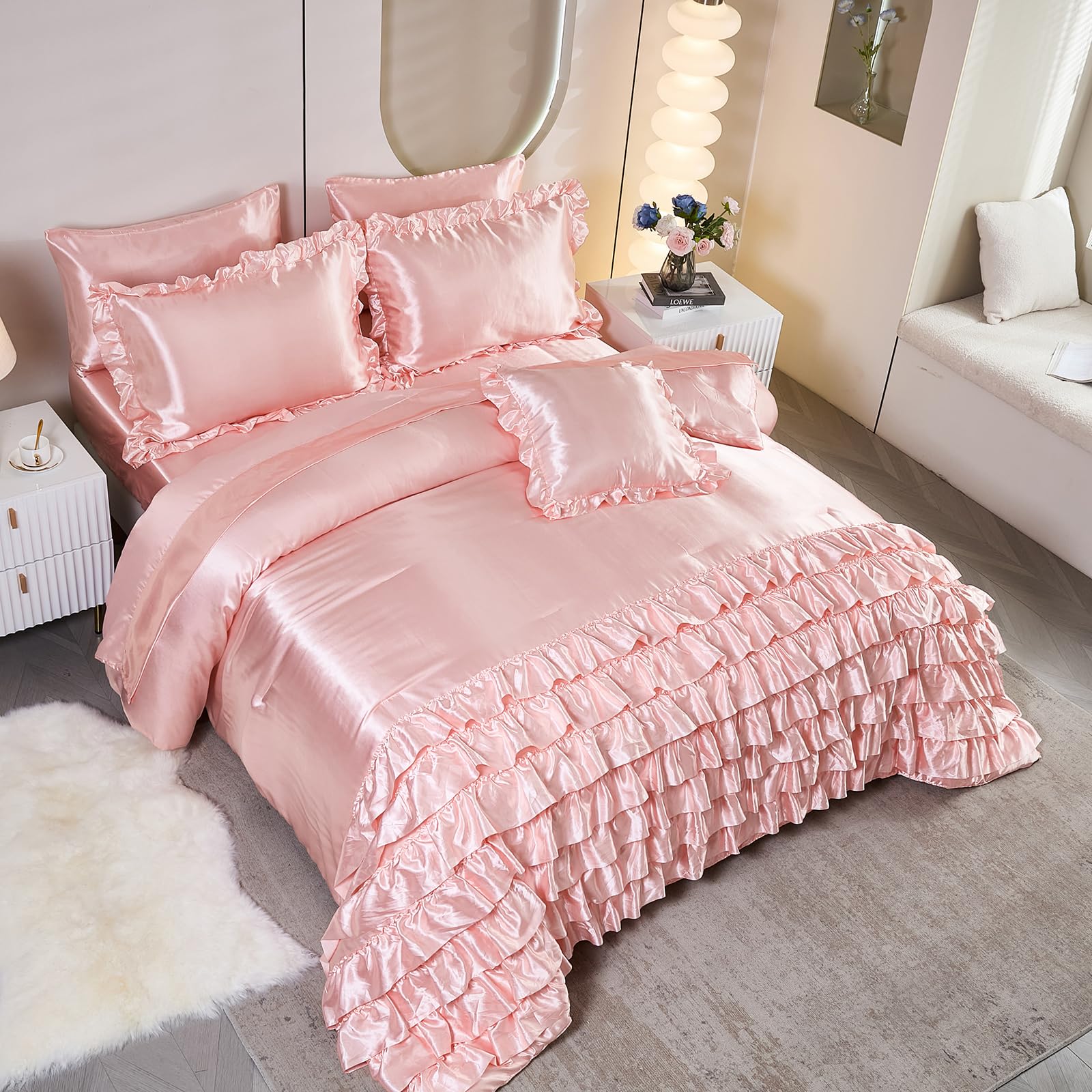 Ruffle Comforter Set 8 Pieces Satin Comforter Set with Sheet Set - Waterfall Ruffle Design Luxurious Silky Comforter Set