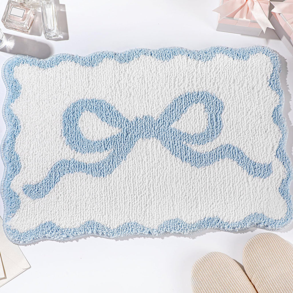 Scalloped Bow Bathroom Mat Non Slip Coquette Bow Rug Cute Aesthetic Scallop Carpet Preppy Room Decor Microfiber Absorbent Bath Rug for Bathroom Bathtub Shower Bedroom(Black,16" X 24")