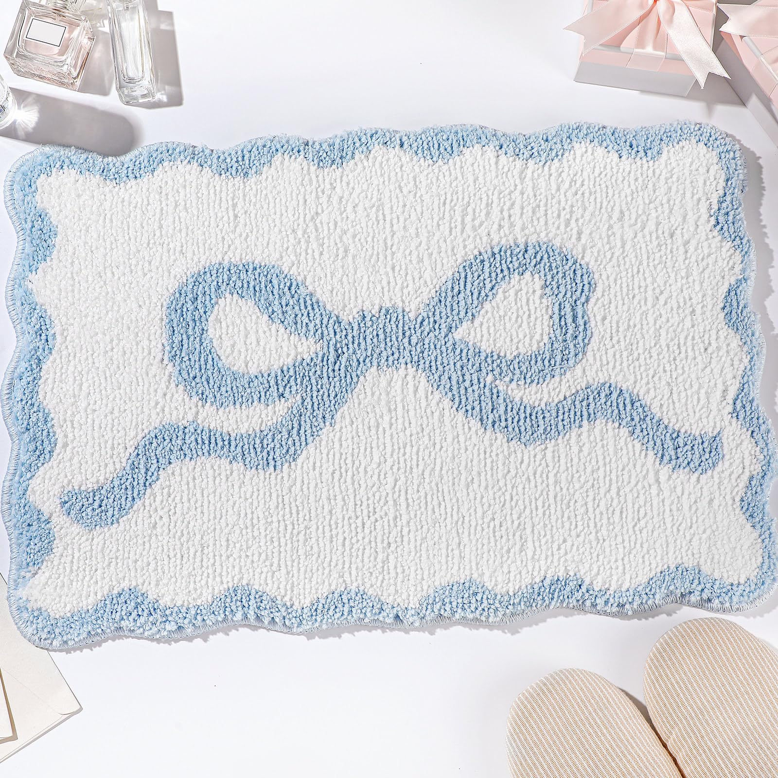Scalloped Bow Bathroom Mat Non Slip Coquette Bow Rug Cute Aesthetic Scallop Carpet Preppy Room Decor Microfiber Absorbent Bath Rug for Bathroom Bathtub Shower Bedroom(Black,16" X 24")