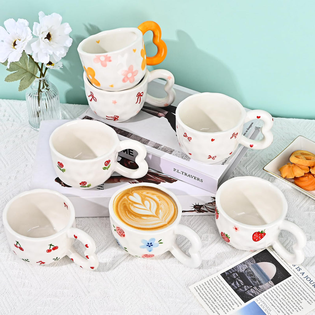 Ribbon Bow Ceramic Mug, Cute Creative Heart Handle Mug Design, 10.5 oz/300 ml