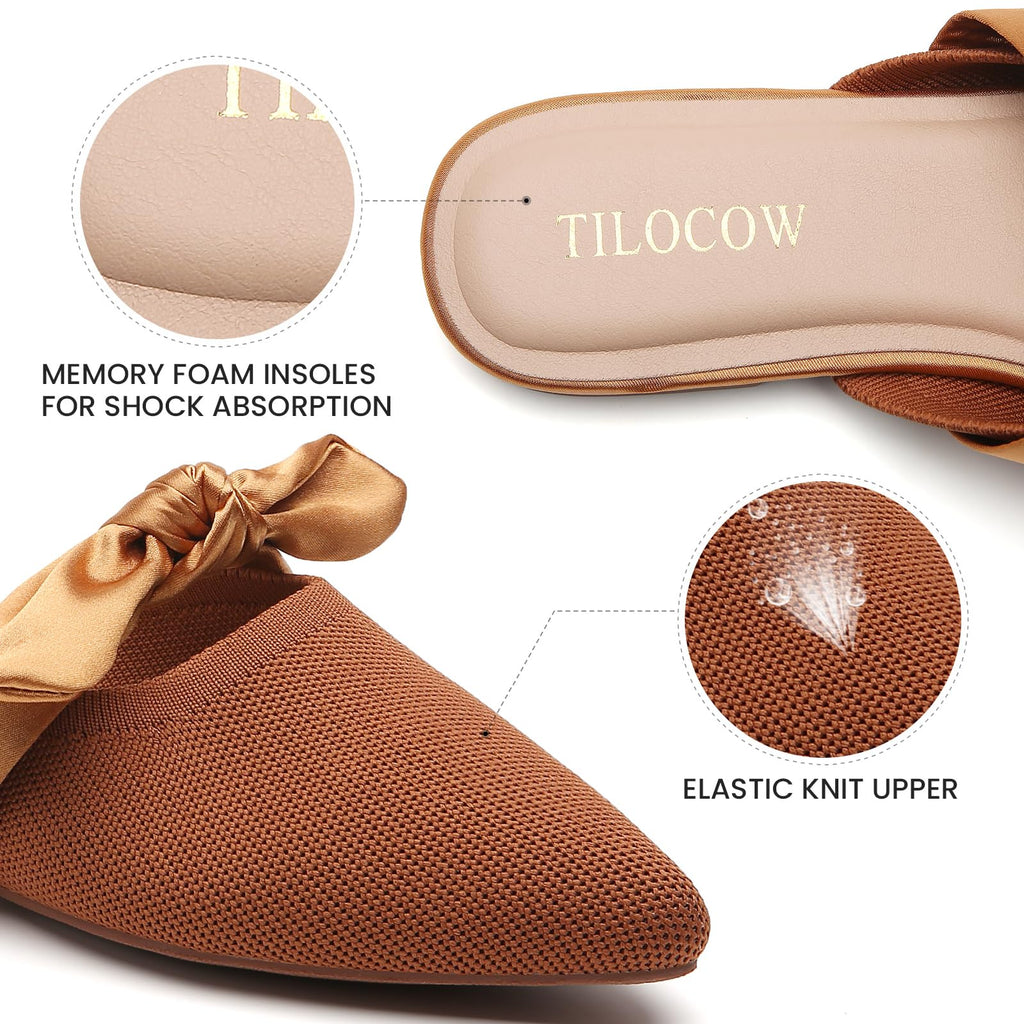 Knotbow Mules for Woman Pointed Toe Flats Bow Mules Slip On Slides Flats Shoes Women Dressy Comfortable