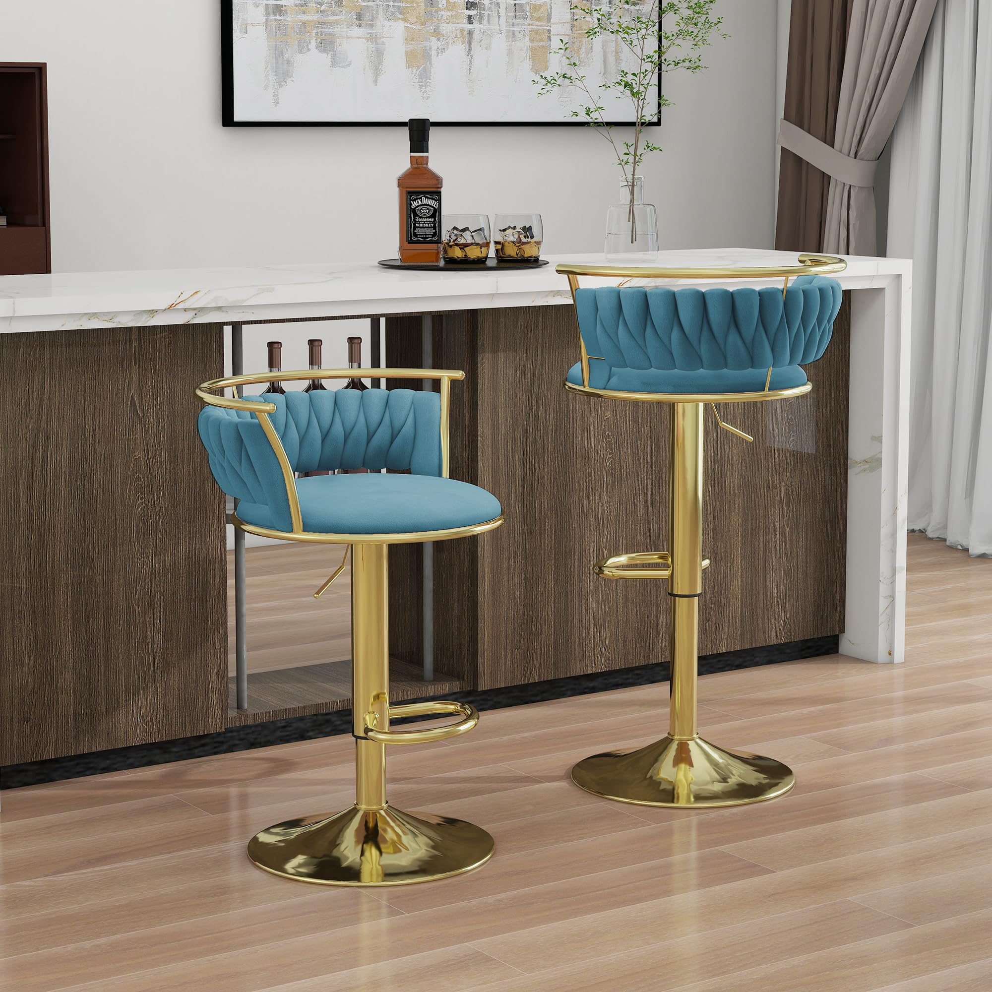 Velvet Swivel Bar Stools, Adjustable Counter Height Bar Chairs with Low Back & Footrest, Modern Gold Bar Stools for Kitchen Island, Bar Pub