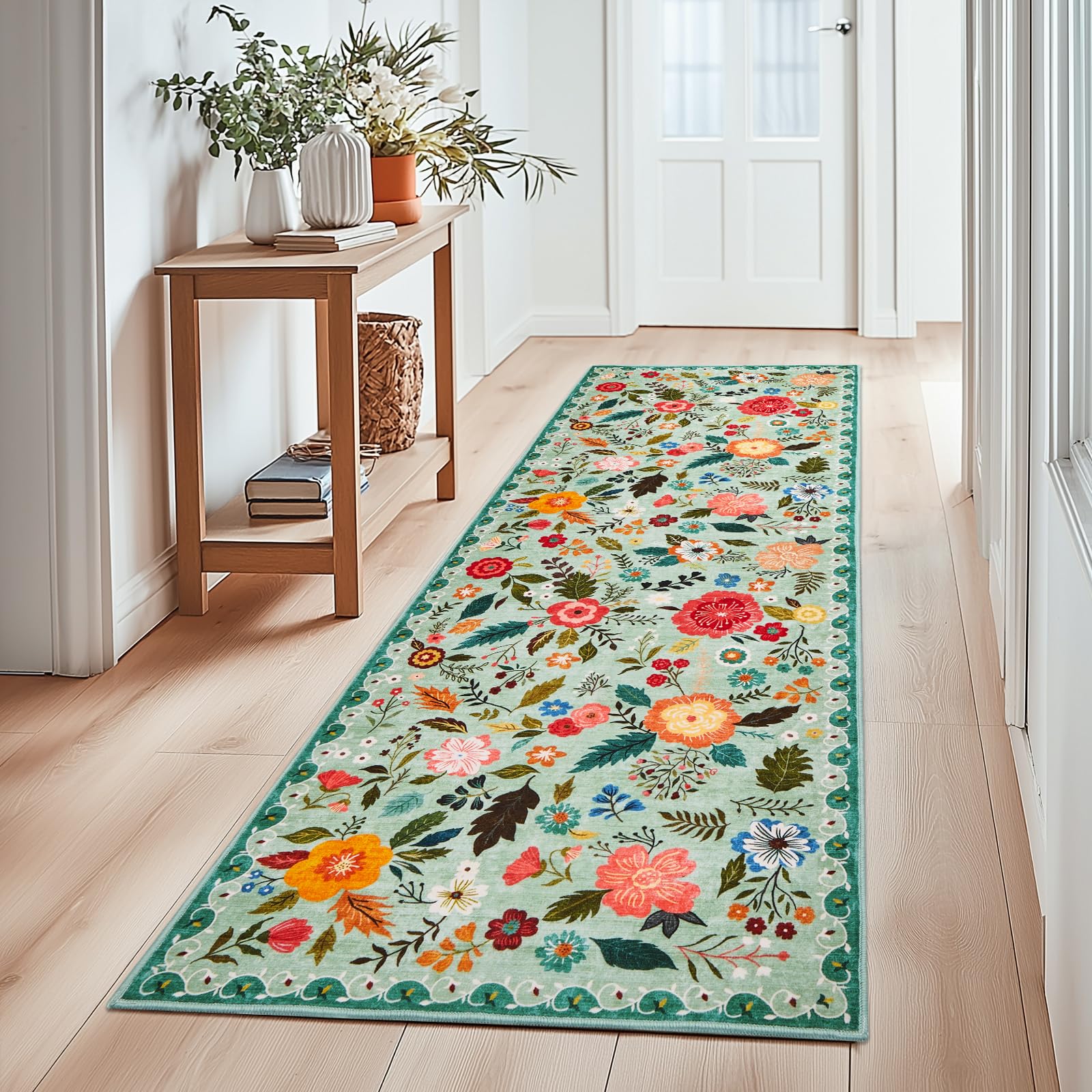 Boho Floral Vintage Rug for Home Washable Rugs Soft Low Pile, Non Slip Non-Shedding
