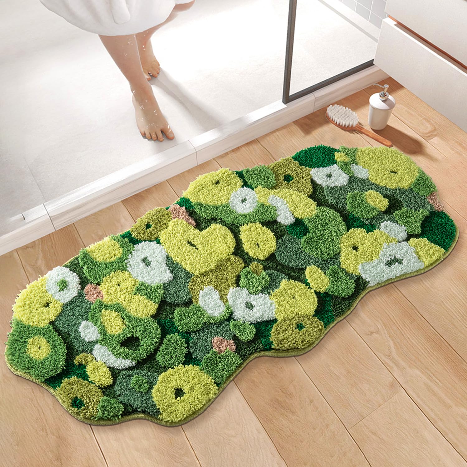 Green Moss Bathroom Rugs Bath Mat Non Slip, Ultra Soft Absorbent Aesthetic Decor Shaggy Tufted Flower Long Bath Rugs