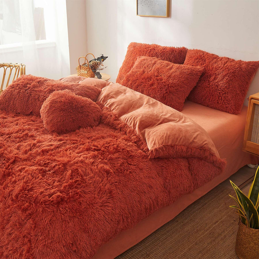 Fluffy Faux Fur Comforter Cover Set Queen - Ultra Soft Plush Bedding Sets 3 Pieces (1 Fluffy Duvet Cover + 2 Faux Fur Pillow case) Cute Bed Set
