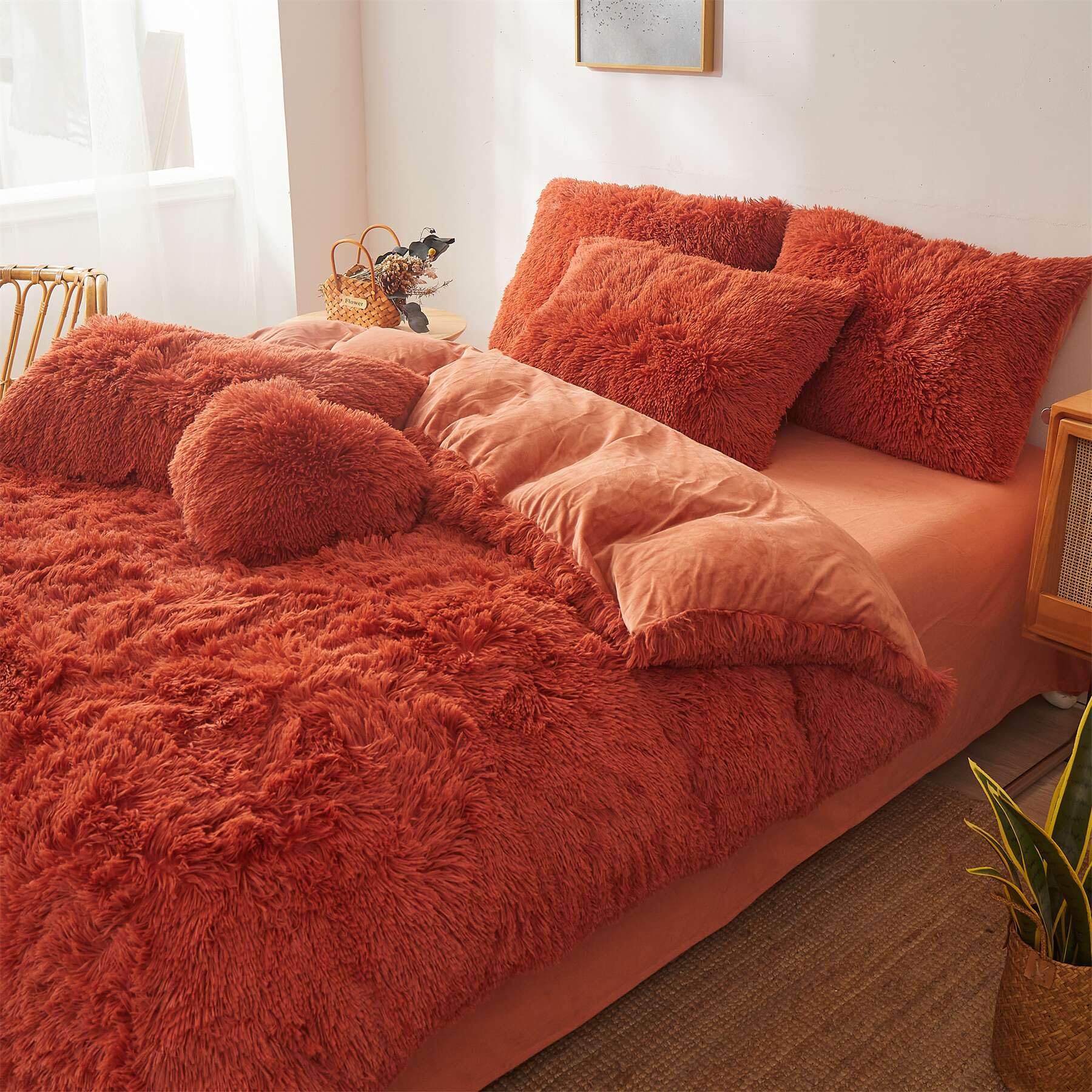 Fluffy Faux Fur Comforter Cover Set Queen - Ultra Soft Plush Bedding Sets 3 Pieces (1 Fluffy Duvet Cover + 2 Faux Fur Pillow case) Cute Bed Set