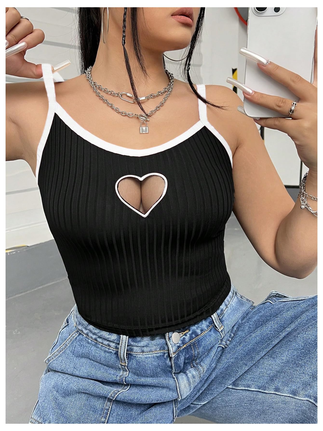 Women's Plus Size Cami Crop Tops Contrast Mesh Spaghetti Strap Summer Top