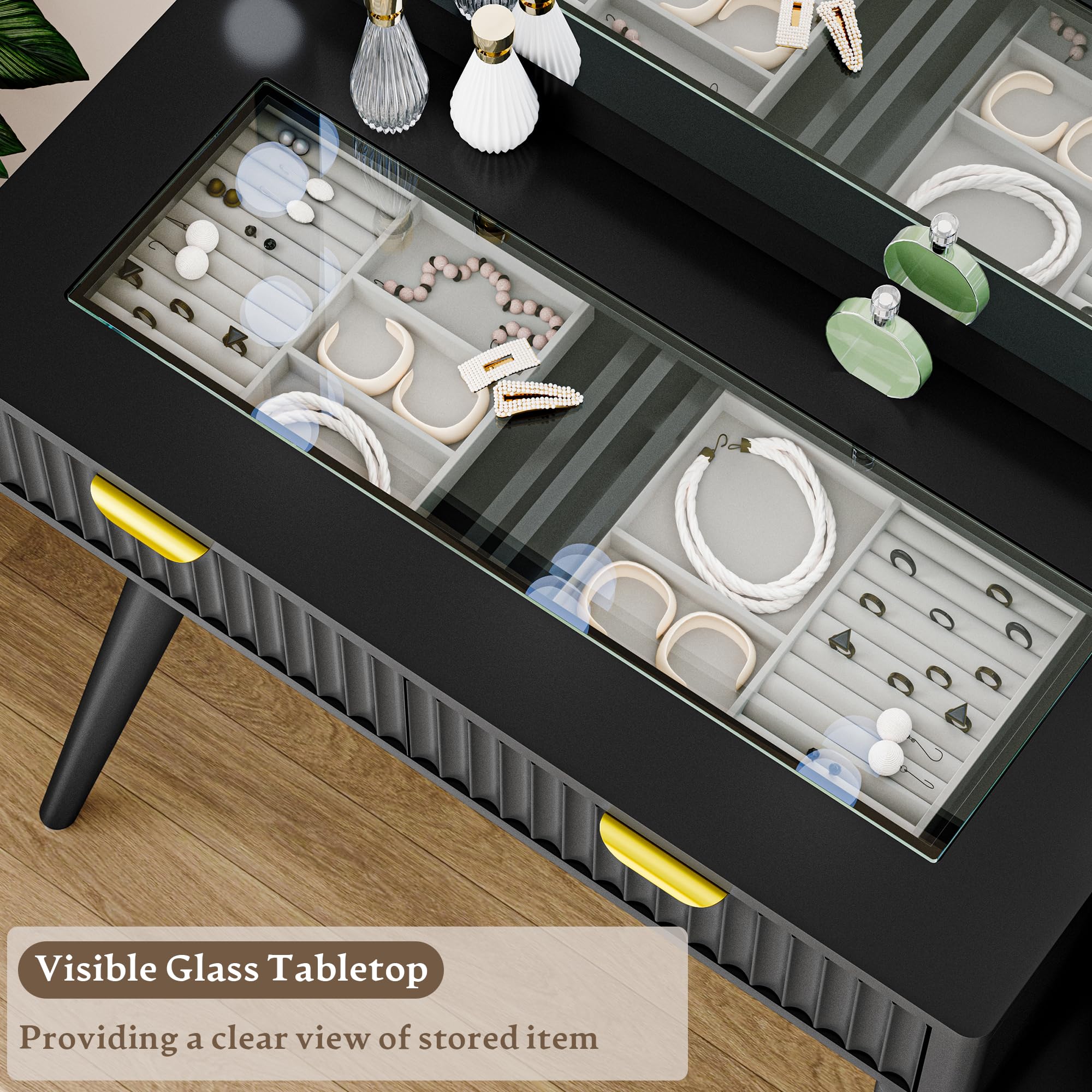 Fluted Vanity Desk with Mirror and Lights, 45" Glass Top Makeup Table Set with 5 Drawers, Power Outlet & Storage Cabinet, Large Dressing Table with RGB Ambient Light