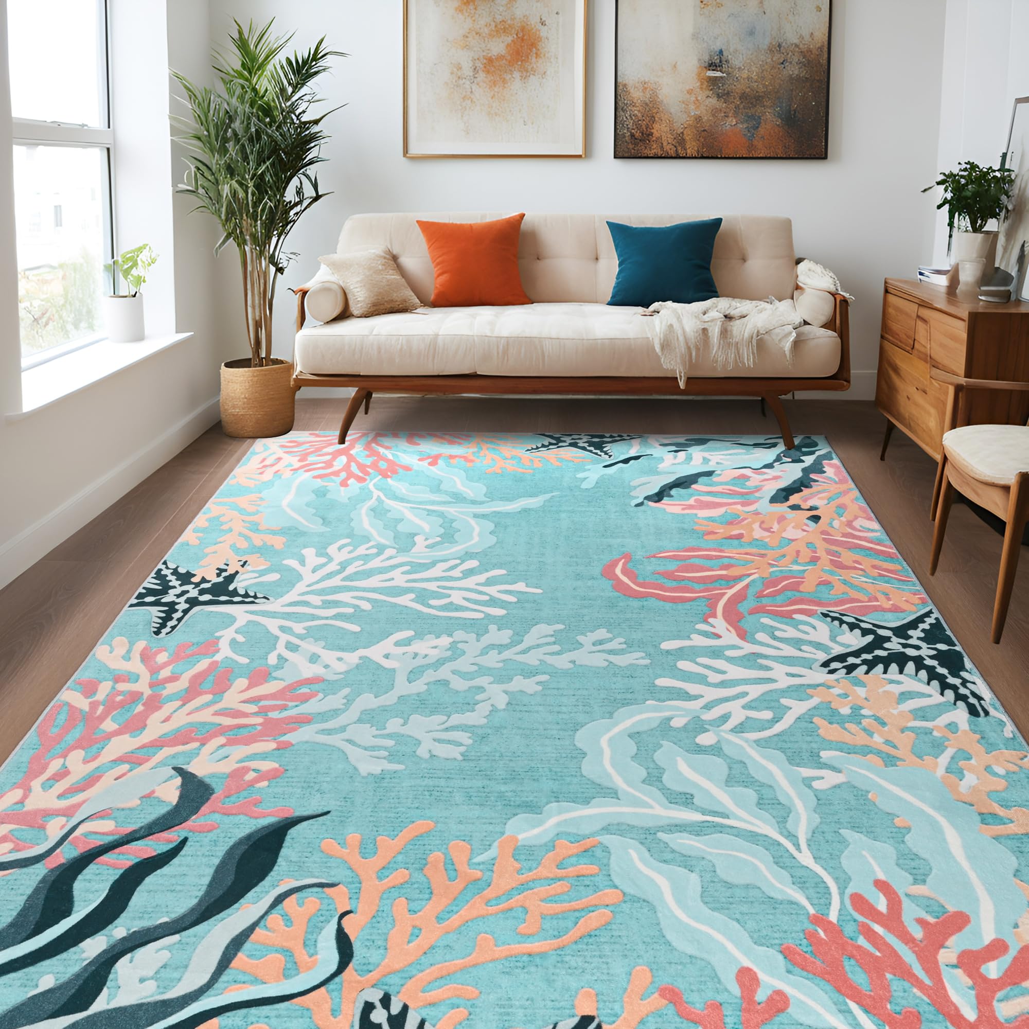 Faux Wool Boho Floral Area Rug Abstract Print Soft Carpet, TPR Non-Slip Backing, Machine Washable Low Pile Rug