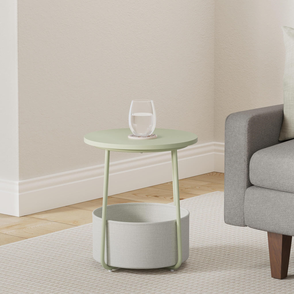 Small Bedside Table with Fabric Basket, Modern Nightstand, Round Side Table