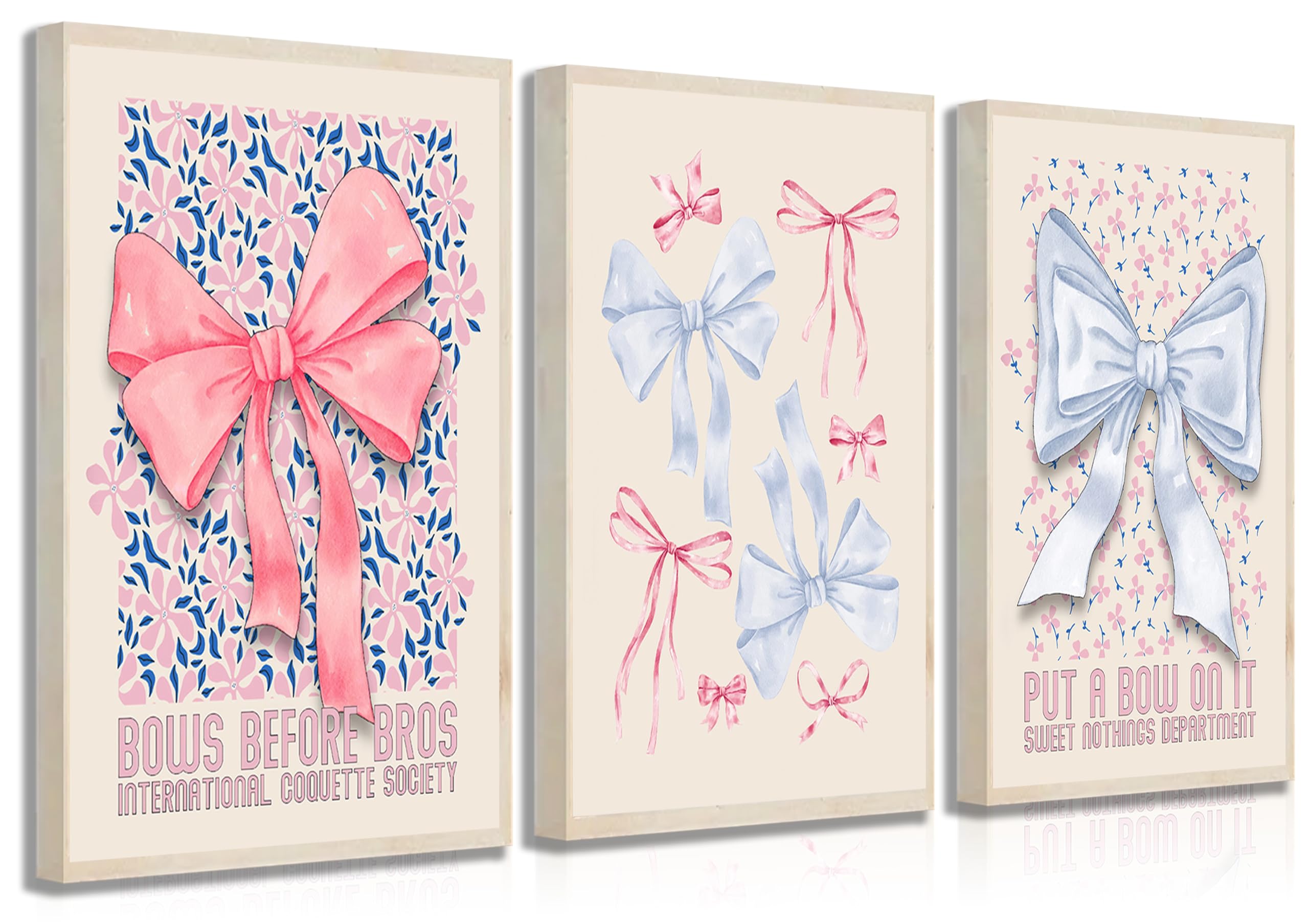 Fashion Coquette Preppy Pink and Blue Bow Aesthetic Picture Poster Wall Decor Canvas Print Artwork 3 Pcs Trendy Bow Wall Art