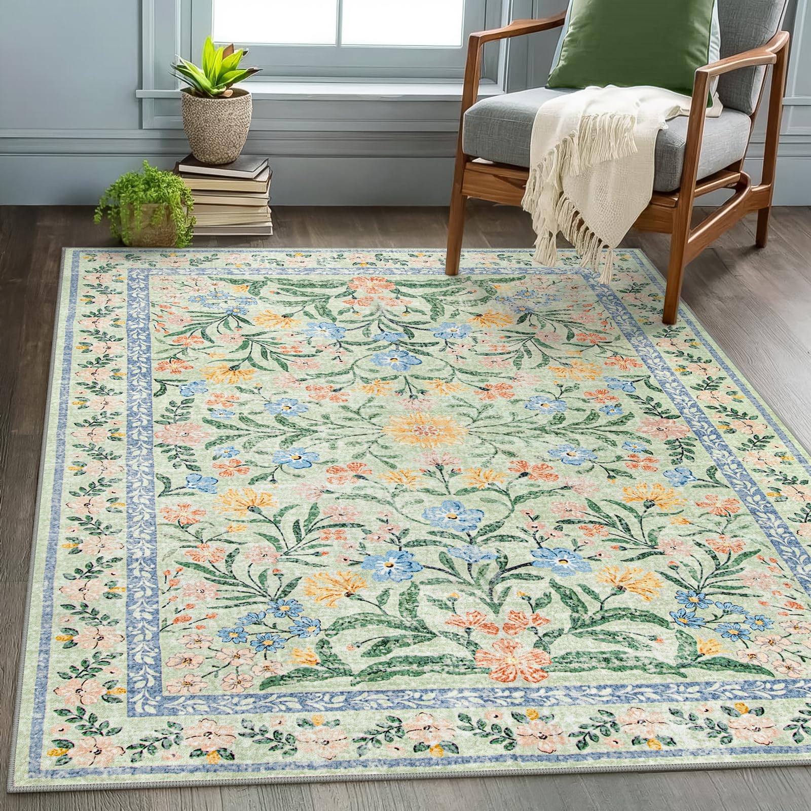 Machine Washable Boho Soft Floral Carpet Non Slip, Indoor Ultra-Thin Floor Carpet for Kid Room Living Room Dorm